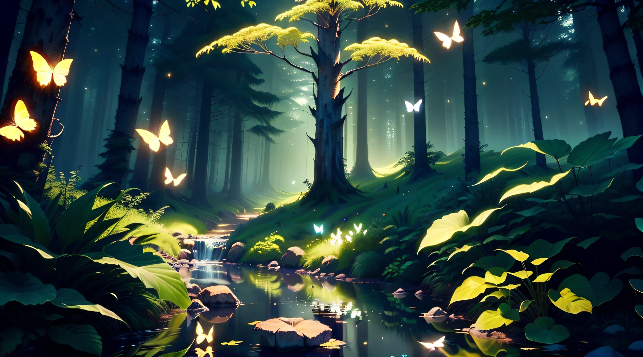 A masterpiece, the best quality, stunning reflections, the best reflections ever. (very detailed CG unity 8k wallpapers), (best quality), (best illustrations), (best shadows), forest theme with natural elements. Tall trees, quiet streams, small glowing mushrooms surrounded by delicate leaves and branches, with fireflies and glowing particle effects,, (natural elements), (jungle theme), (leaves), (twigs), (fireflies), butterflies, (delicate leaves), (glow), (particle effects). , Isometric 3D, Octane Rendering, Ray Traced, Super Detailed