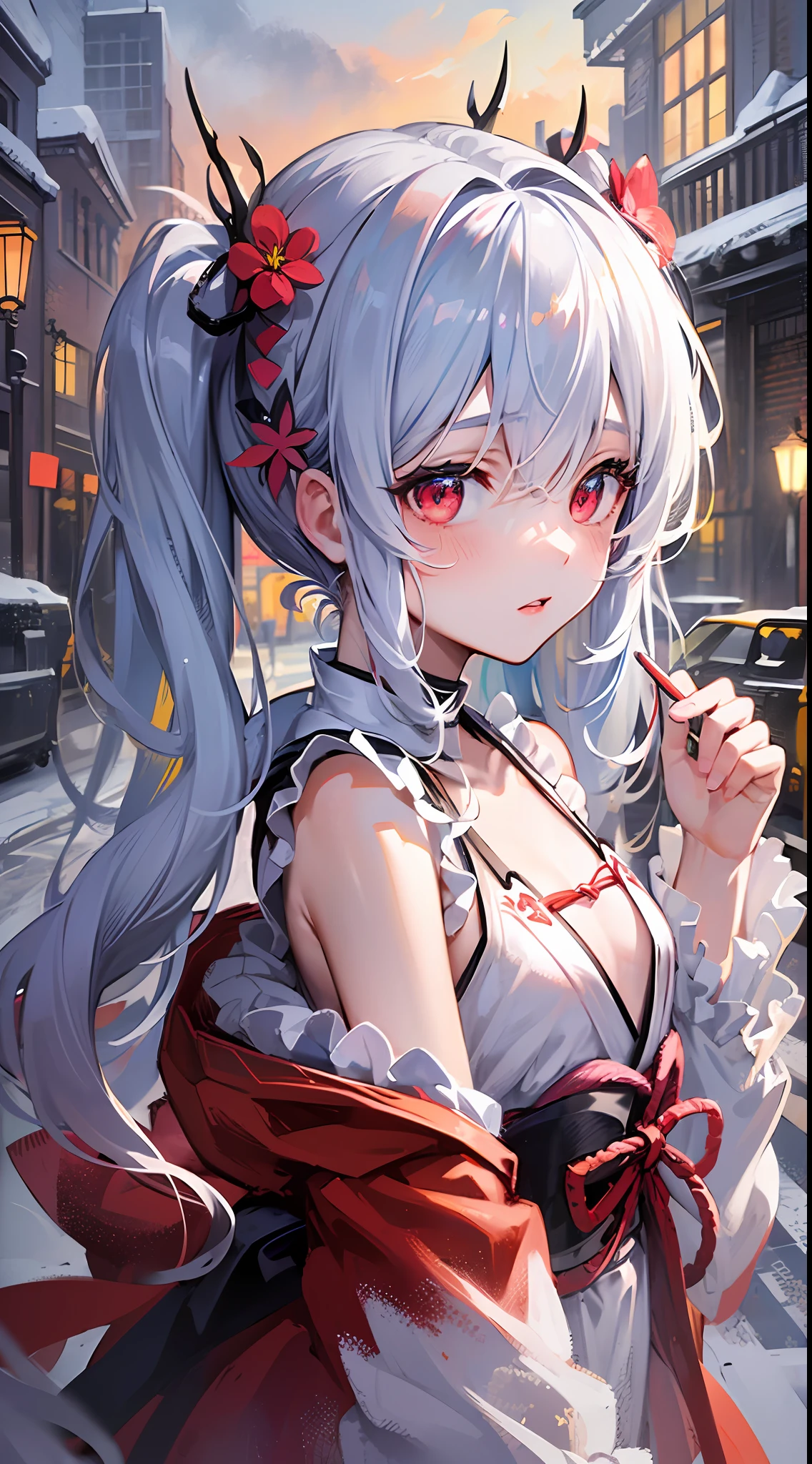 ((masterpiece)), (((best quality))), ((ultra-detailed)), ((illustration)), ((disheveled hair)),((solo)),on the street,snow,snowdrop,
1girl,loli,long hair,((twintails)),red eyes,silver hair,shiny skin,(small chest),
Kimono girl outfit,
Night,((detalied glow))