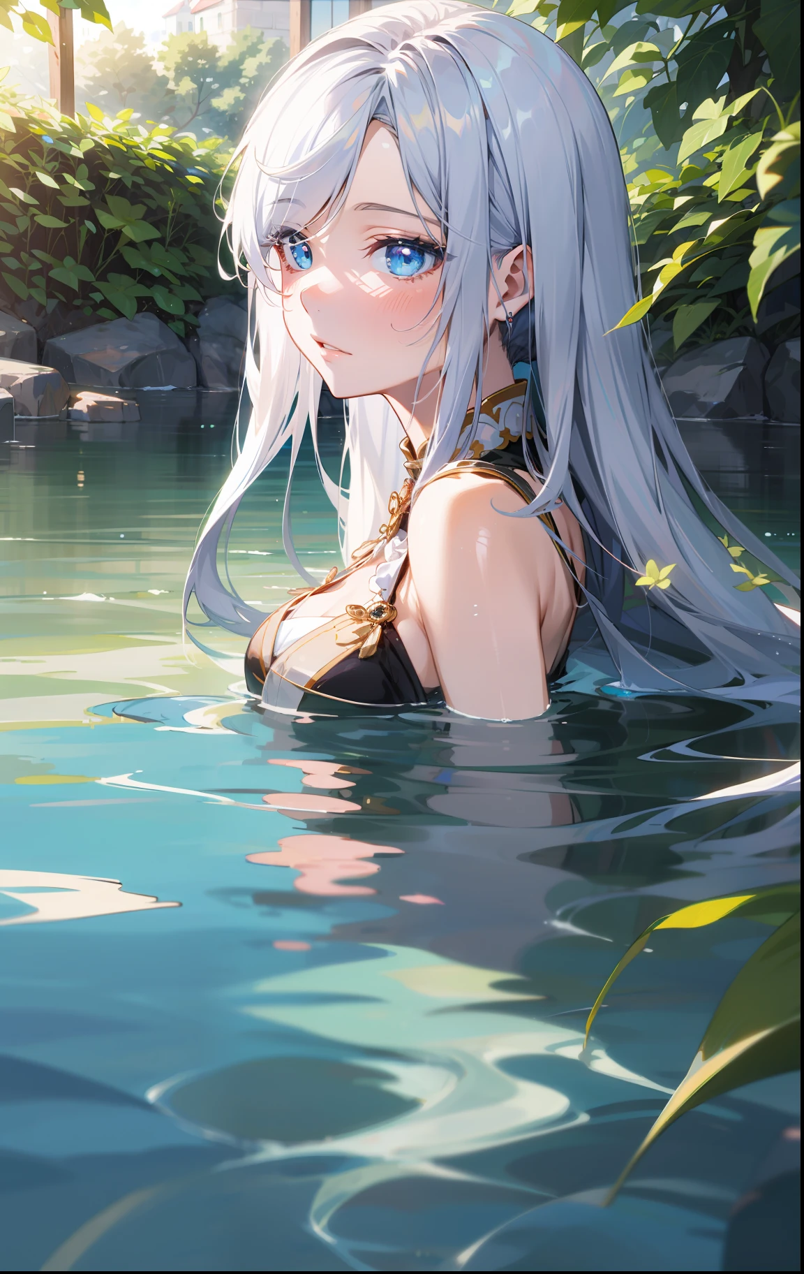 A Guvez style anime girl with long hair and blue eyes in the water,She is a detailed digital anime artwork。