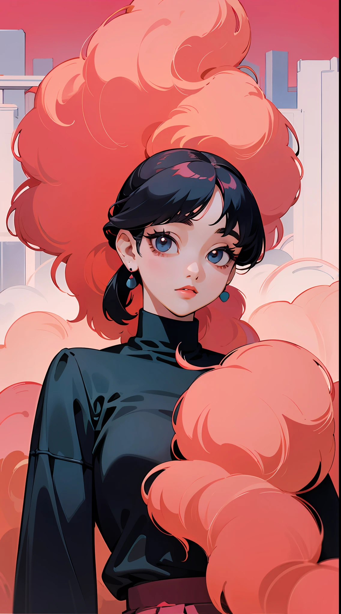 (masterpiece, best quality), beautiful woman, printed cropped turtleneck shirt, skirt, wavy hair, ponytail, asymmetrical bangs, perfect face, beautiful face, alluring, big gorgeous eyes, soft smile, perfect slim fit body, city streets, (outdoor), seoul, bright colors, (risograph)