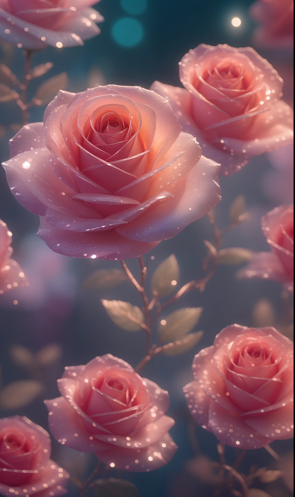 Crystal fantasy, Roses, Full-color, toe-up, countless crystal feathers flutter in the air,
fantasy, galaxy, transparent, shallow depth of field, jade bokeh, sparkling, sparkling, stunning, colourful,
Magical Photography, Dramatic Lighting, photo realism, Ultra Detail, 4K, DOF, High Resolution