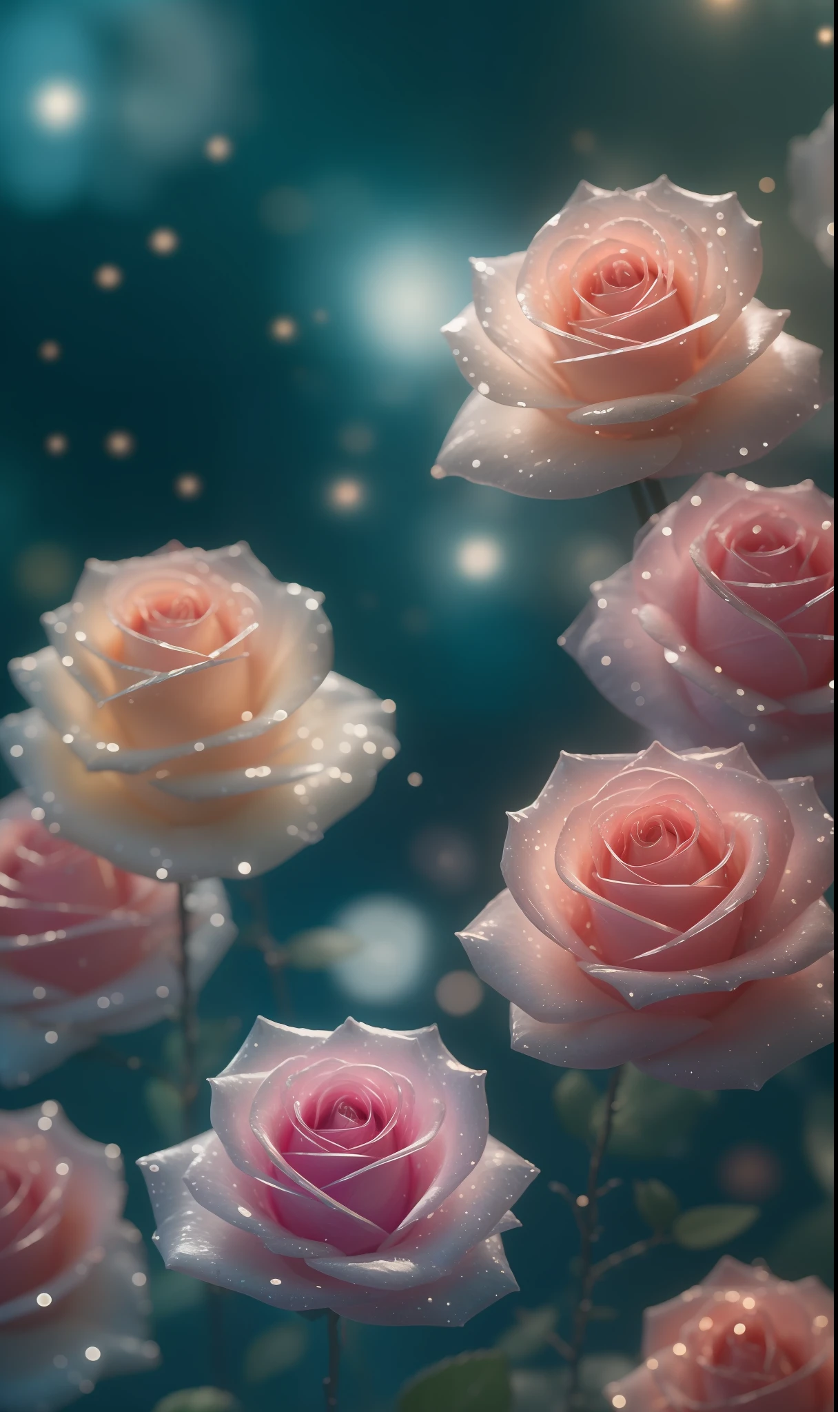 Crystal fantasy, Roses, Full-color, toe-up, countless crystal feathers flutter in the air,
fantasy, galaxy, transparent, shallow depth of field, jade bokeh, sparkling, sparkling, stunning, colourful,
Magical Photography, Dramatic Lighting, photo realism, Ultra Detail, 4K, DOF, High Resolution