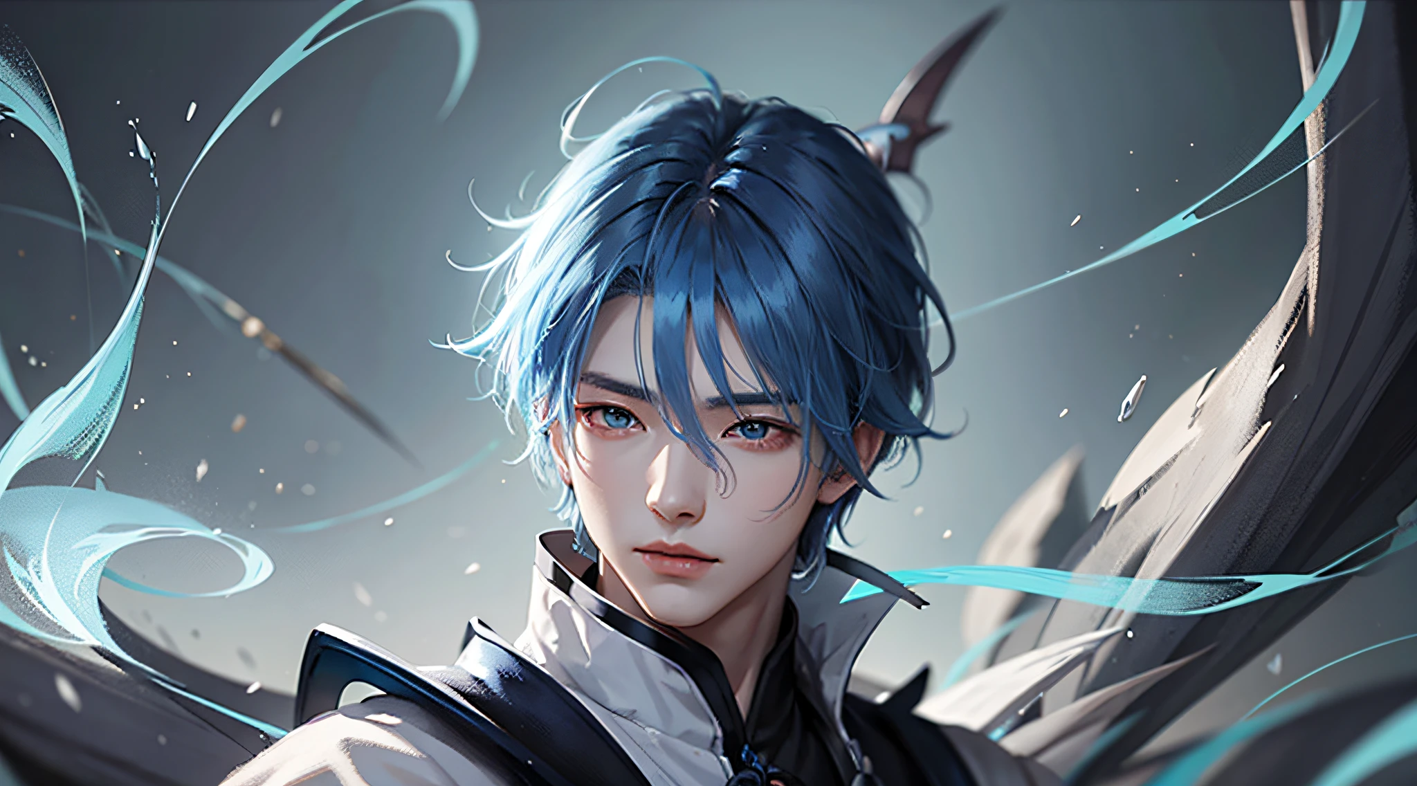 Chinese anime male character, blue hair, cold face, delicate facial features, normal figure, hand-held Muramasa --auto --s2