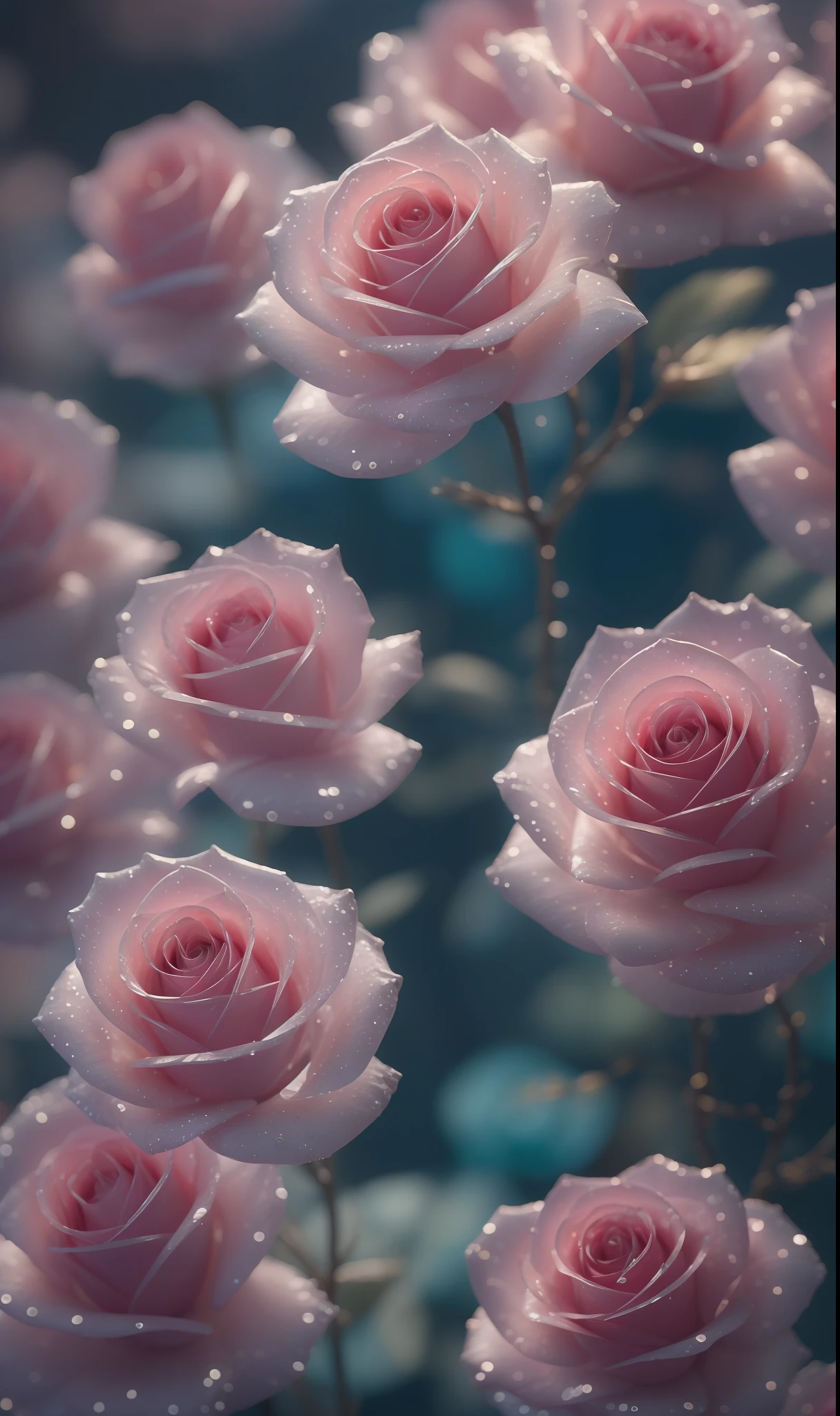 Crystal fantasy, Roses, Full-color,  toe-up, countless crystal feathers flutter in the air,
fantasy, galaxy, transparent, shallow depth of field, jade bokeh, sparkling, sparkling, stunning, colourful,
Magical Photography, Dramatic Lighting, photo realism, Ultra Detail, 4K, DOF, High Resolution
