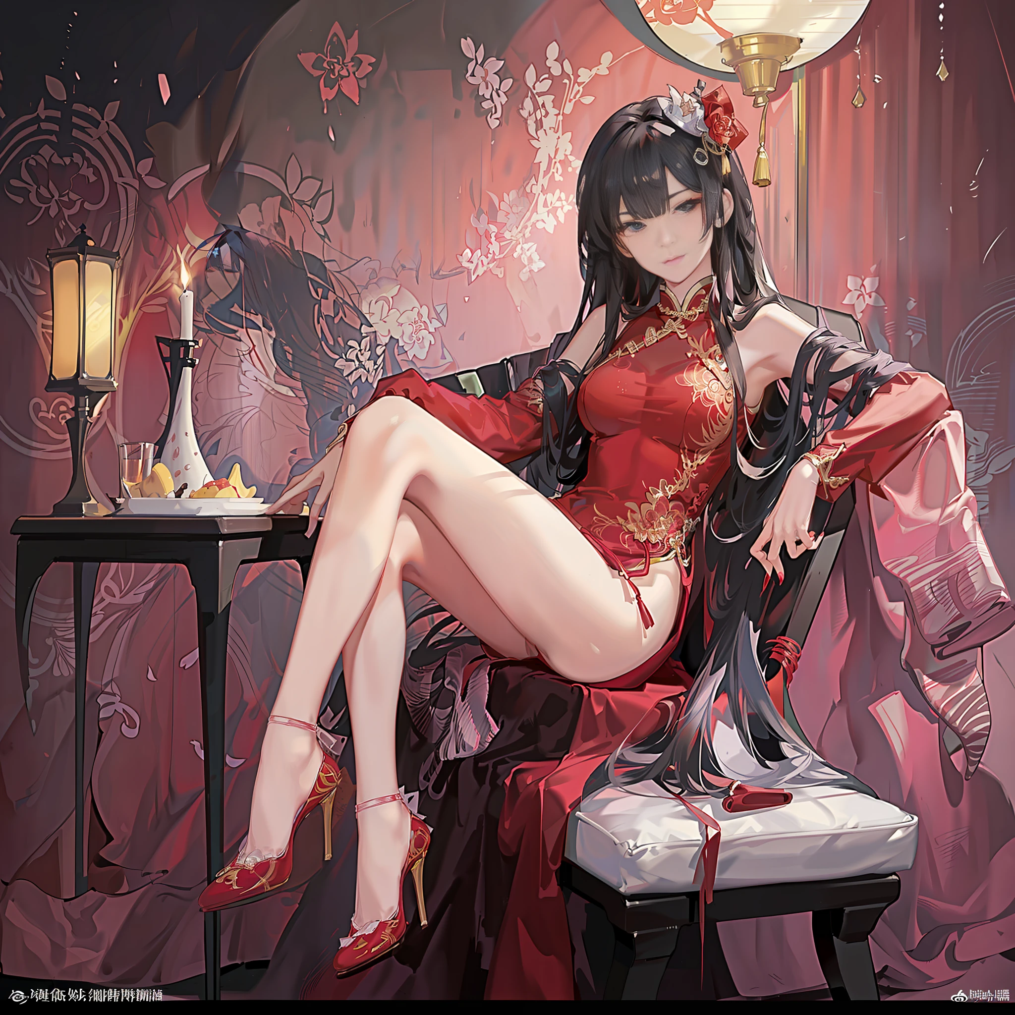 A sexy and seductive lady,Silk high-forked cheongsam,stiletto heels,(naked leg),Teasing expressions,sitting on a throne,streaked hair,Brunette,moles under the eyes,Half-Closed Eyes,MAKEUP,Anime Style,Chinese court,Chinese feeling,lanterns,Chinese knot,UHQ,Masterpiece、,8k,bestbestquality,ccurate,Anatomically correct,Highly detailed character,Stiletto heels,naked leg,Rounded and smooth bare legs,(8k, raw photos, bestbestquality, Masterpiece、,:1.2), european feel,Medieval,((Character Concept Art)),full body concept,Still life, fine Detail, center of screen, still life only,