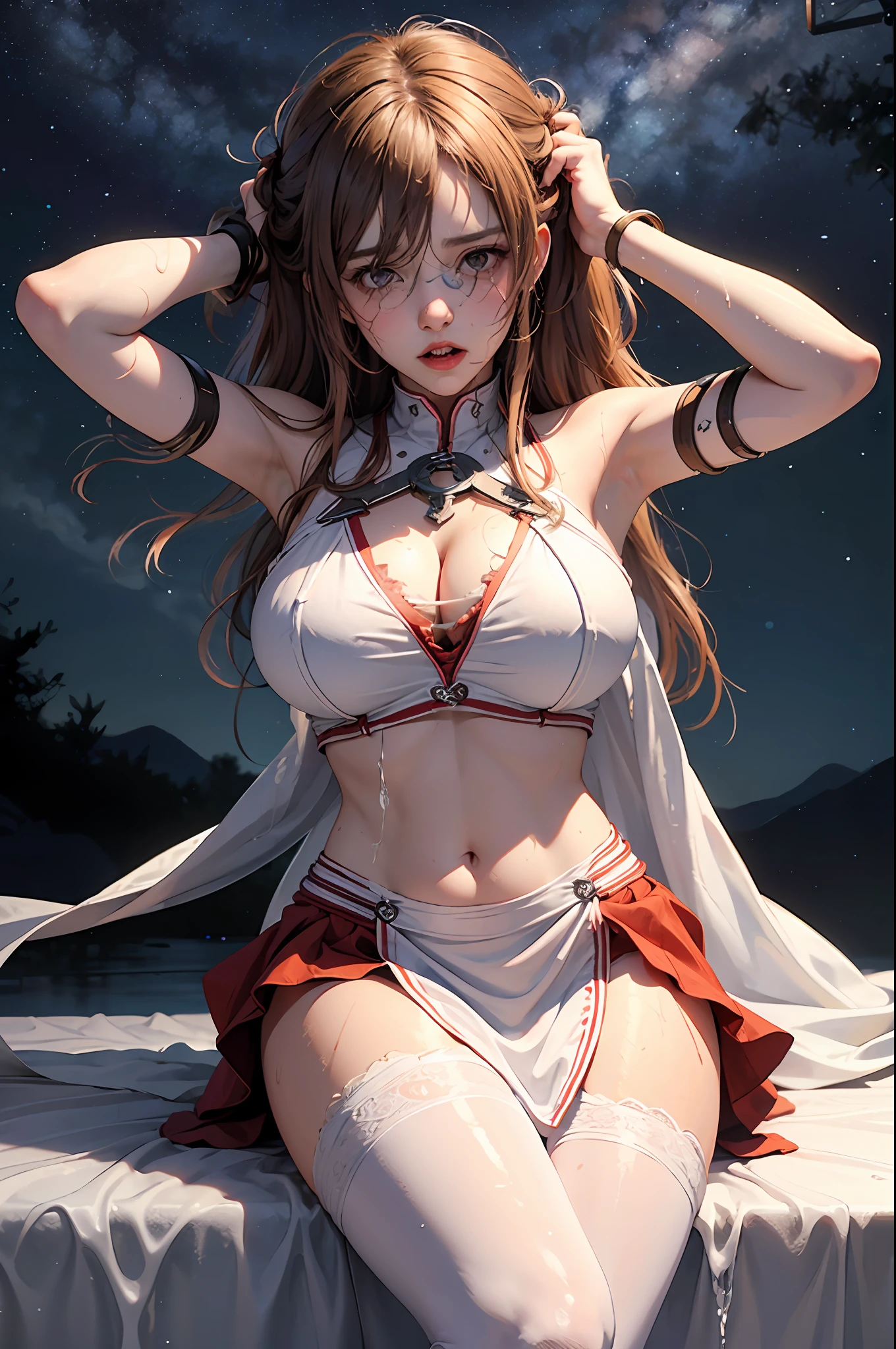 Ultra high quality, topquality, photolike, (((starry sky and white bed background, bright lights: 1.3))), (1girl: 1.3), perfect proportions, defeat, hopelessness, open your mouth wide, screams, crying, blushing, Asuna, 、erogenous、, (grungy、Frayed and torn white dress, bellybutton, Shoulders, Areolas, armor，), floting hair, red skirt, sword holder,( Put the shooting range to the top of the head: 1.1),Sitting with the crotch open, arms crossed behind the back, leaning forwards，Stick out your face, (ruddy, embarrassed, hopelessness、, rape eyes,, pleading, blushing), (hopelessness、, watery eyes, tears: 1.2), (huge breasts, perfect breasts, Areolas), (wet from rain, covered with white liquid, a large amount of liquid dripping from the crotch, liquid overflowing from the crotch, with liquid on their faces), slave chain, female slaves, slave chain, restraining machines