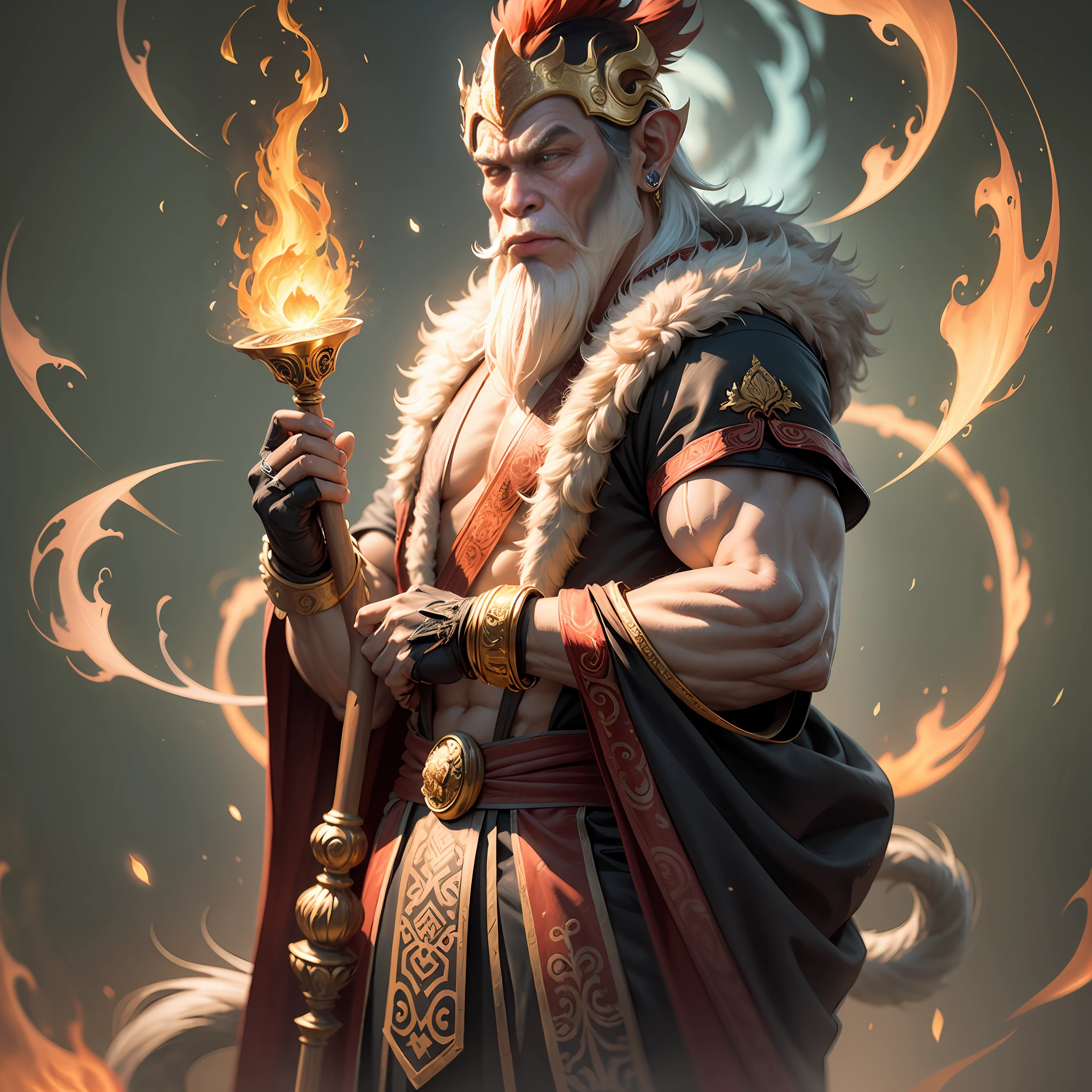 monkey king，Monkey，Holding a golden hoop rod in hand，Show his domineering side，firey，Hellfire，