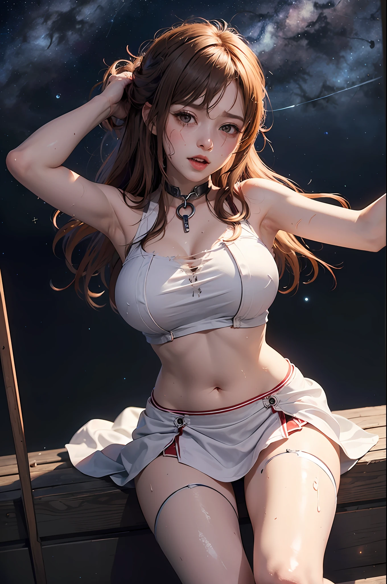 Ultra high quality, topquality, photolike, (((starry sky and white bed background, bright lights: 1.3))), (1girl: 1.3), perfect proportions, defeat, hopelessness, open your mouth wide, screams, crying, blushing, Asuna, 、erogenous、, (grungy、Frayed and torn white dress, bellybutton, Shoulders, Areolas, armor,), floting hair, red skirt, sword holder,( Put the shooting range to the top of the head: 1.1),Sitting with the crotch open, arms crossed behind the back, leaning forwards,Stick out your face, (ruddy, embarrassed, hopelessness、, rape eyes,, pleading, blushing), (hopelessness、, watery eyes, tears: 1.2), (huge breasts, perfect breasts, Areolas), (wet from rain, covered with white liquid, a large amount of liquid dripping from the crotch, liquid overflowing from the crotch, with liquid on their faces), slave chain, female slaves, slave chain, restraining machines
