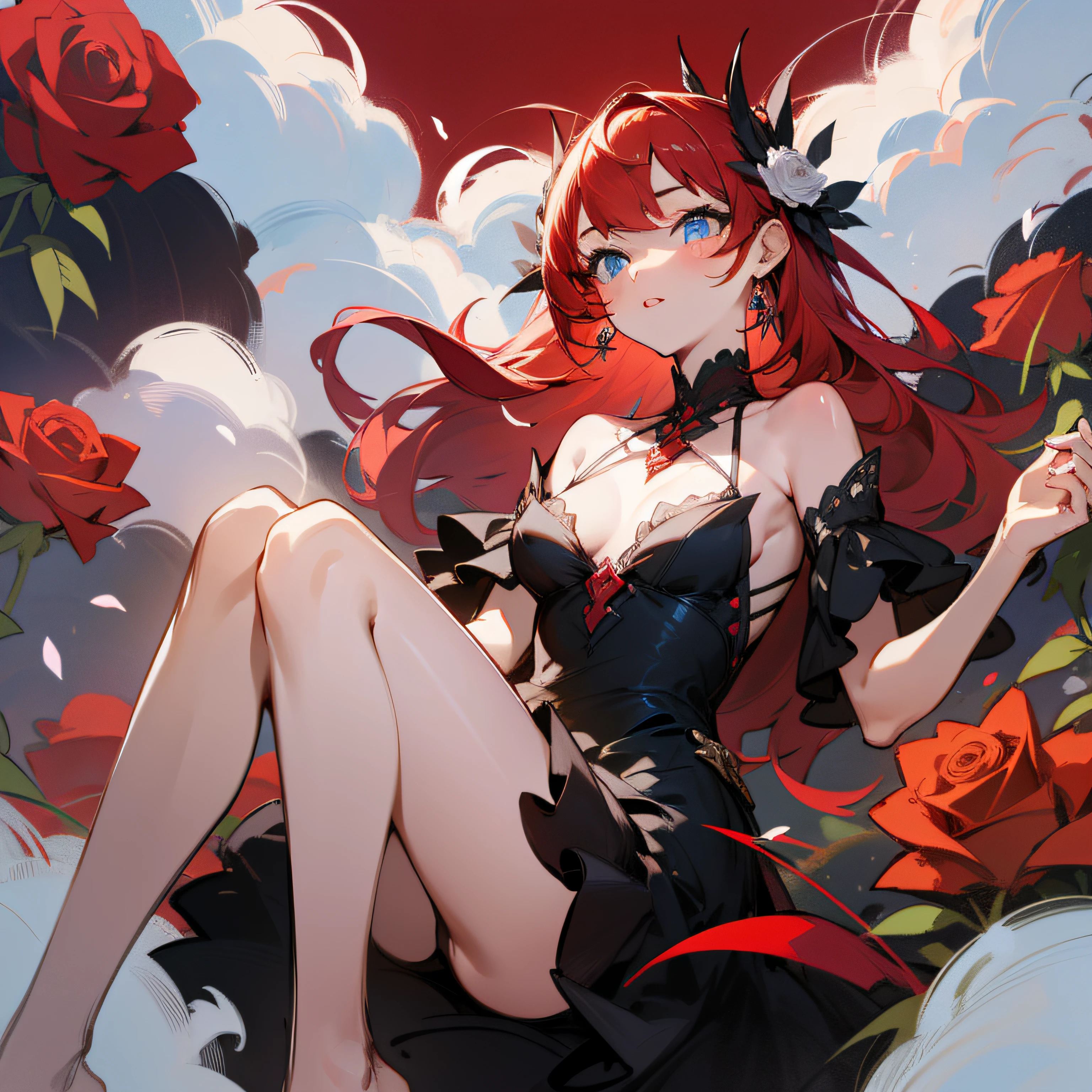 1girl, red hair, small breasts, solo, blue eyes, field of roses, red background, black dress, barefoot, looking up, one hand up, embroidery, clouds, {{White roses}}, abstract, sketch,