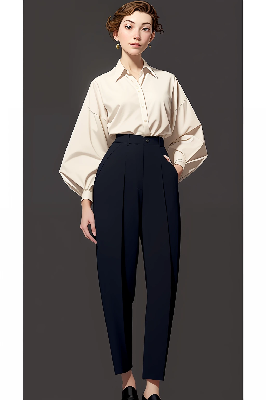 a painting of a woman in a white shirt and black pants, in the art style of bowater, digital art of an elegant, inspired by Alexandre Cabanel, inspired by Eleanor Best, inspired by Altoon Sultan, inspired by Sim Sa-jeong, realism artstyle, inspired by Galen Dara, inspired by Elmyr de Hory, white background, left hand in pocket