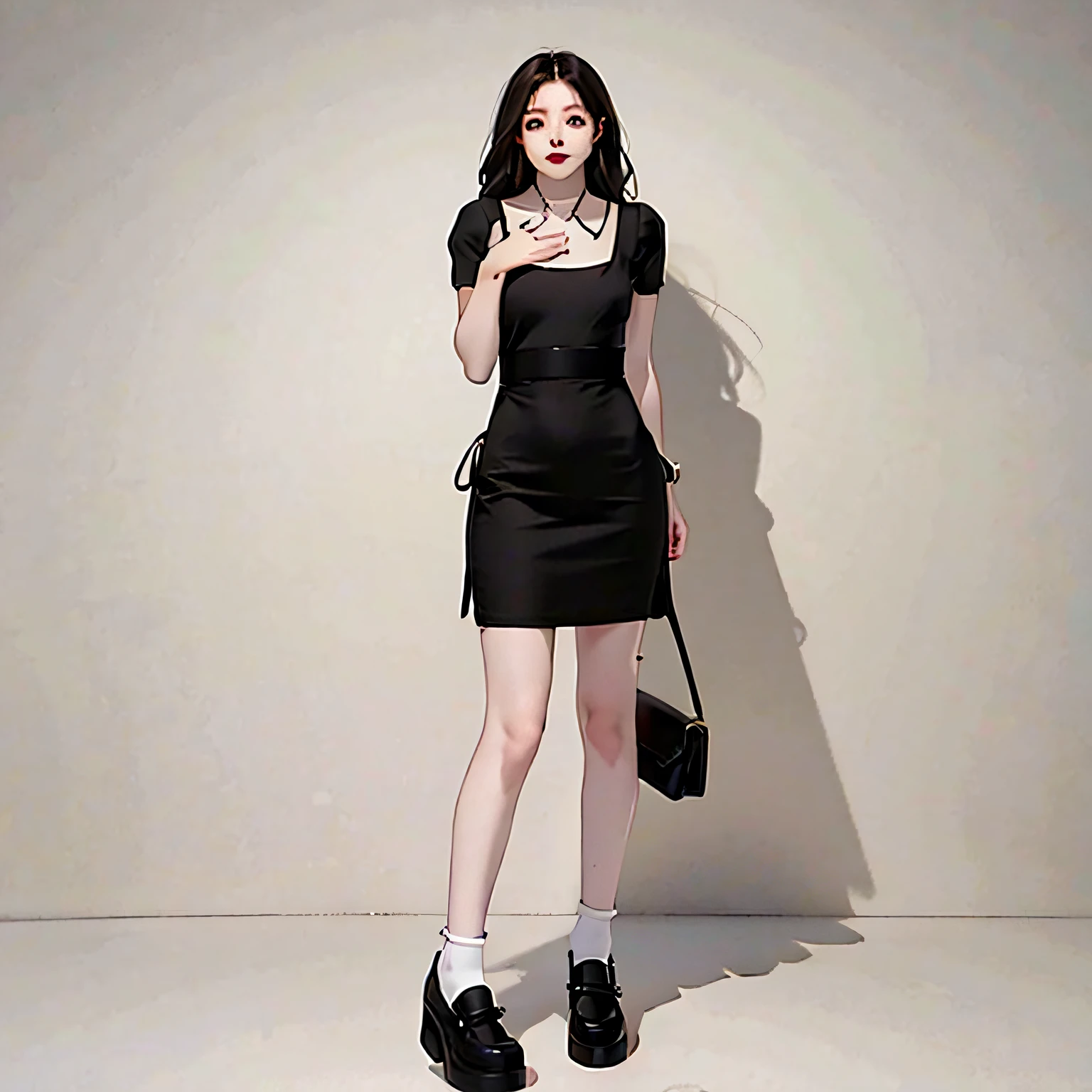 a woman in a black dress and white socks holding a black purse, full body cute young lady, cute black dress, cute casual streetwear, anime girl wearing a black dress, katelynn mini cute style, she wears black dress, casual black clothing, simple dress, dark gothic dress, minimal bodycon feminine costume, black and pink dress, Cute dress