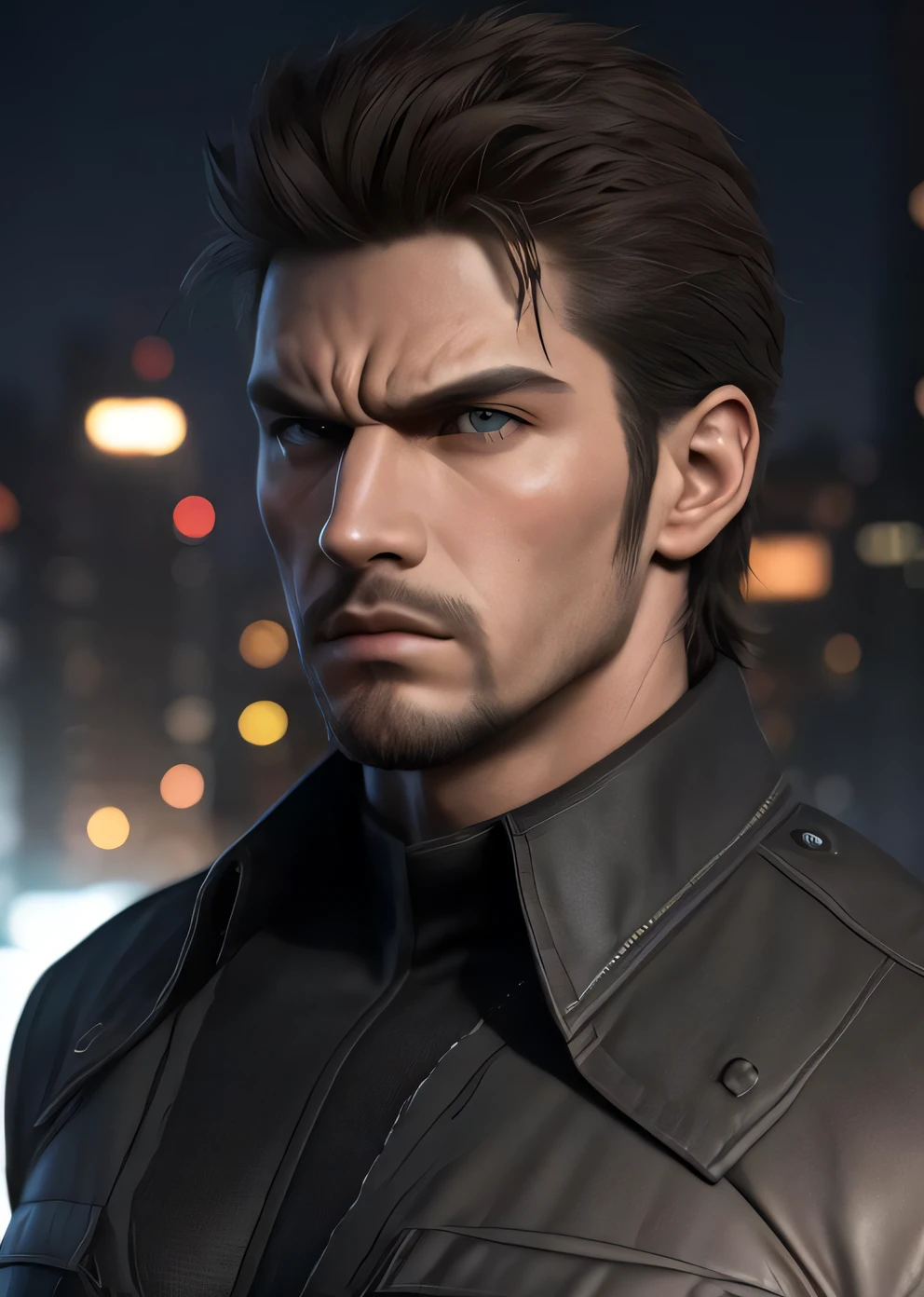 ((masterpiece)), best quality, ultra detailed, intricate details, rich colors, sharp focus, (((Dark suit))), Spiky Hair, Black Hair, Cityscape, Heroic, Strong Jaw,{{{Master piece:1.3}}}, {{{realistic}}}, {{cinematic lighting}}, {{{perfect anatomy:1.3}}, handsome man, {{extremely detailed}}}, long eyelashes, {{perfect face}}, {{perfect eyes}} refined, {soft lighting}, {{cool}}, (detailed body),(Masterpiece)),(((best quality))), ( full body: 1.2), good anatomy, short hair, stern features, tall ,((highly detailed features)), ,(night city),volumetric lighting, dramatic atmosphere, 1boy, ((solo)), solid snake, looking at viewer, serious expression, facial hair, sneaking, military,tank,teroris,((fight)),