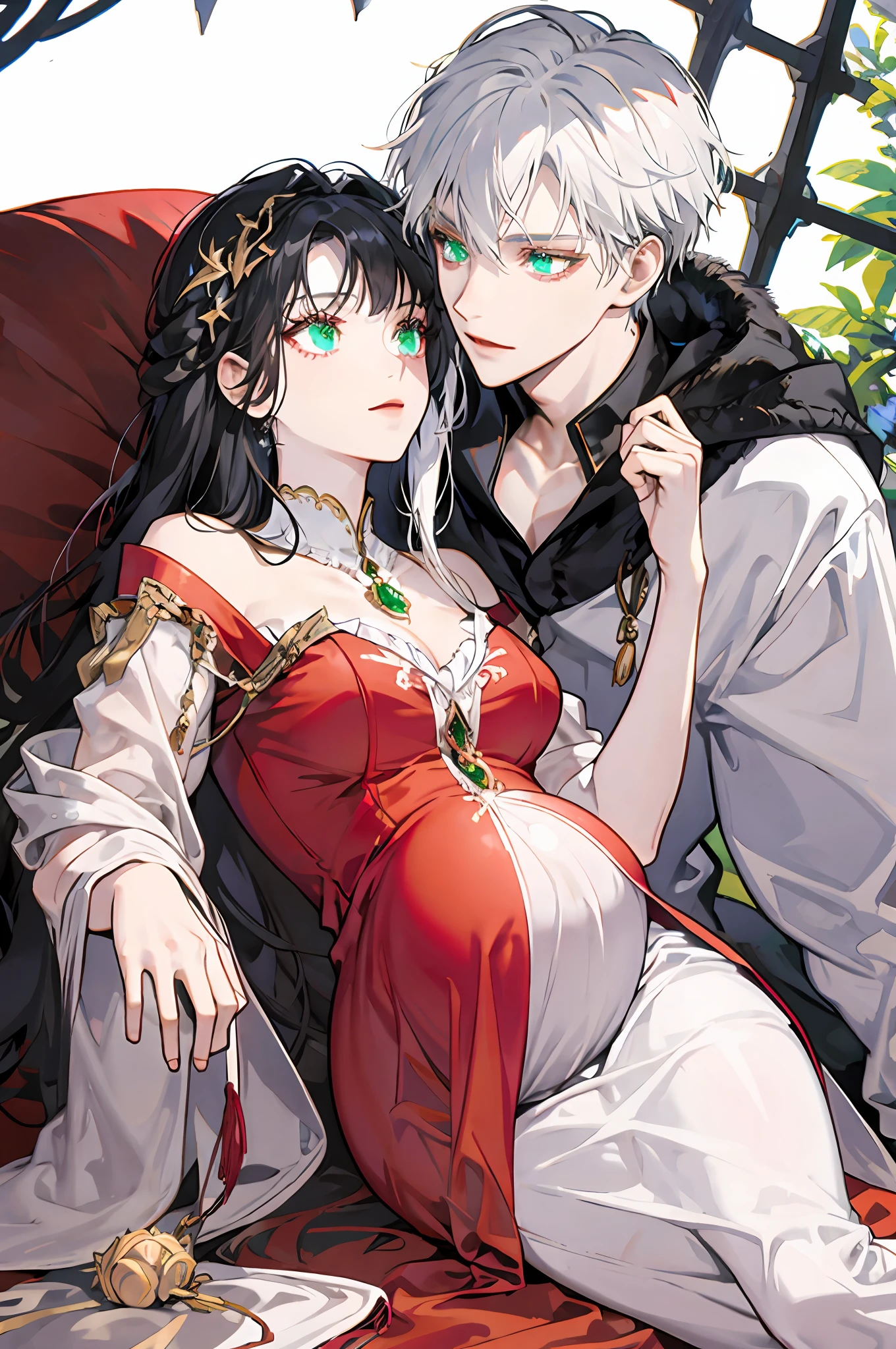 White haired woman, blue eyes, royalty, high qualitt, Very Detail, Detailed Face, white skin, beautiful, Pregnant woman back sexy, red dress, lying down with a man with black hair and green eyes