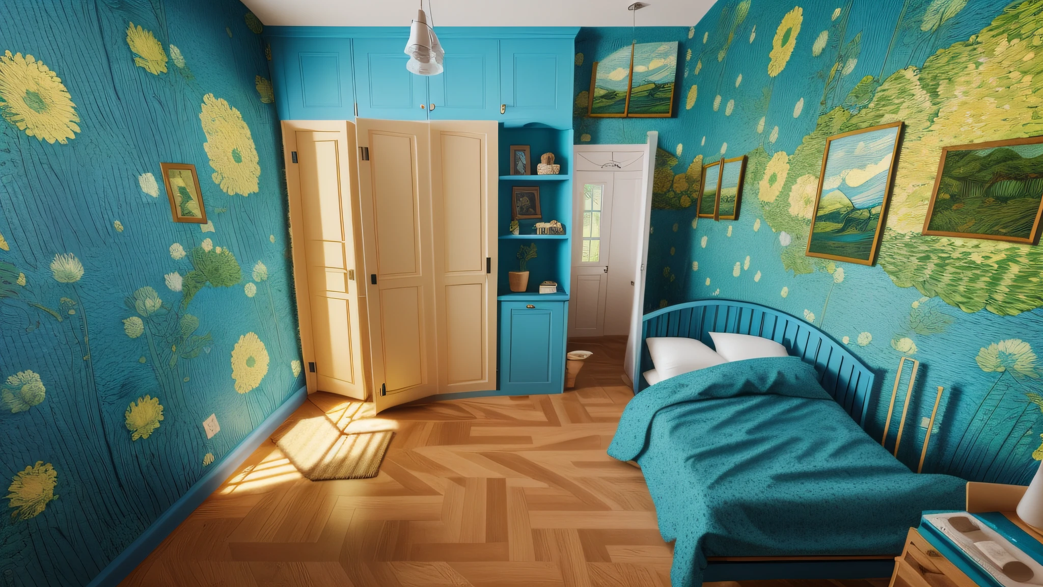There is a bed with a computer and a blue duvet of a van gogh painting and yellow and blue pillows, men's personal room background, van gogh style room, small and cozy student room, small room, inside a men's room, messy room, iOS 3D room photography, small room, photorealistic room, bright room, Interior of a small room, a room, Van Gogh puzzle room, a sunny artistic room