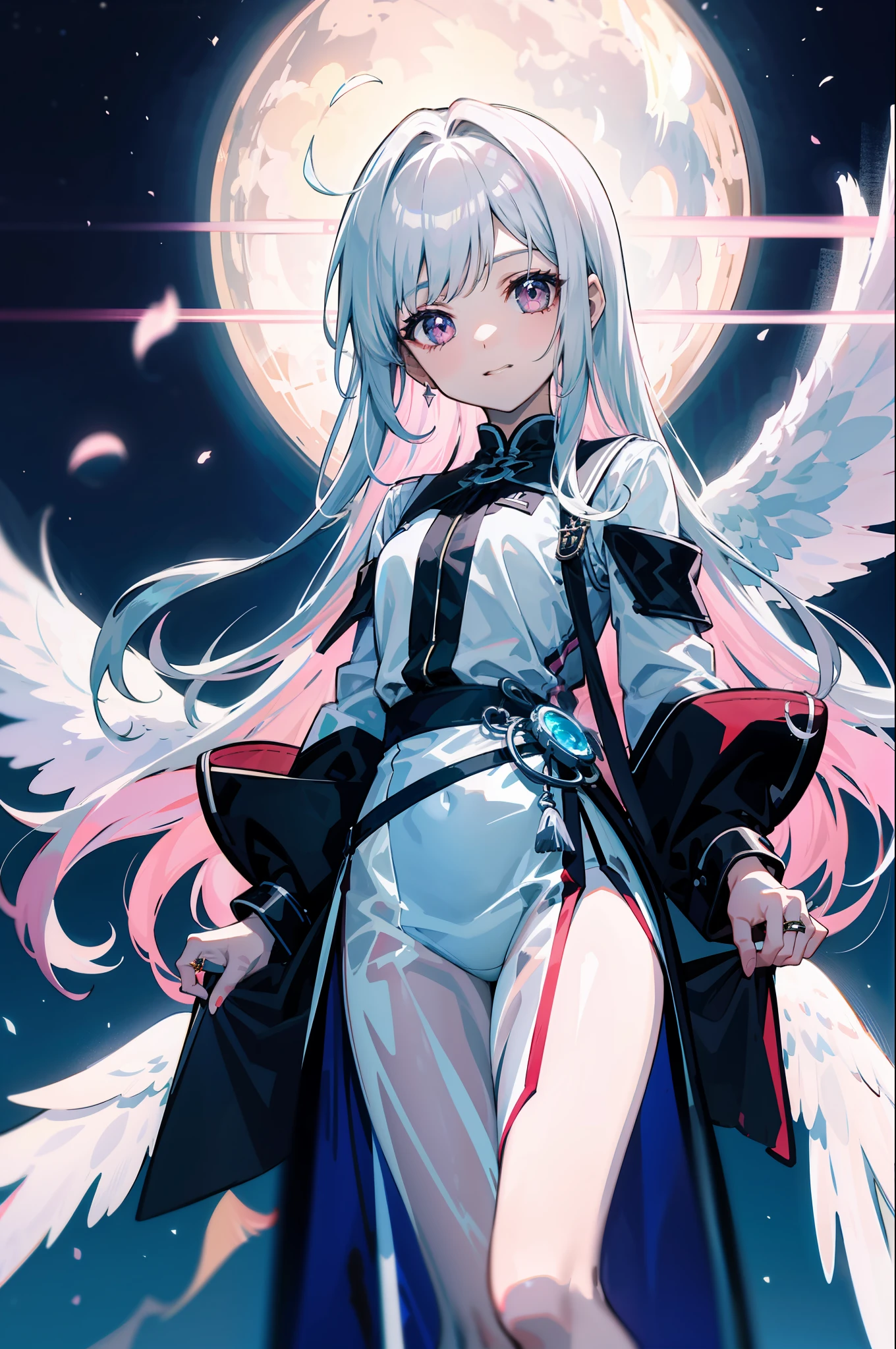 beste Quality、女の子 1 人、sora、Land of Angels、colorful strands of hair、cuddly 、the anime、Sheer white skin、Asian Girls、total body、junior high school student、14歳、Shines、Quiet child、High Contrast、Tempting、sensual、angelic、Glowing on the back2Angel Wings、A ring that glows horizontally above your head、The top of the head is silver hair and the tips are pink、White attire、seethrough