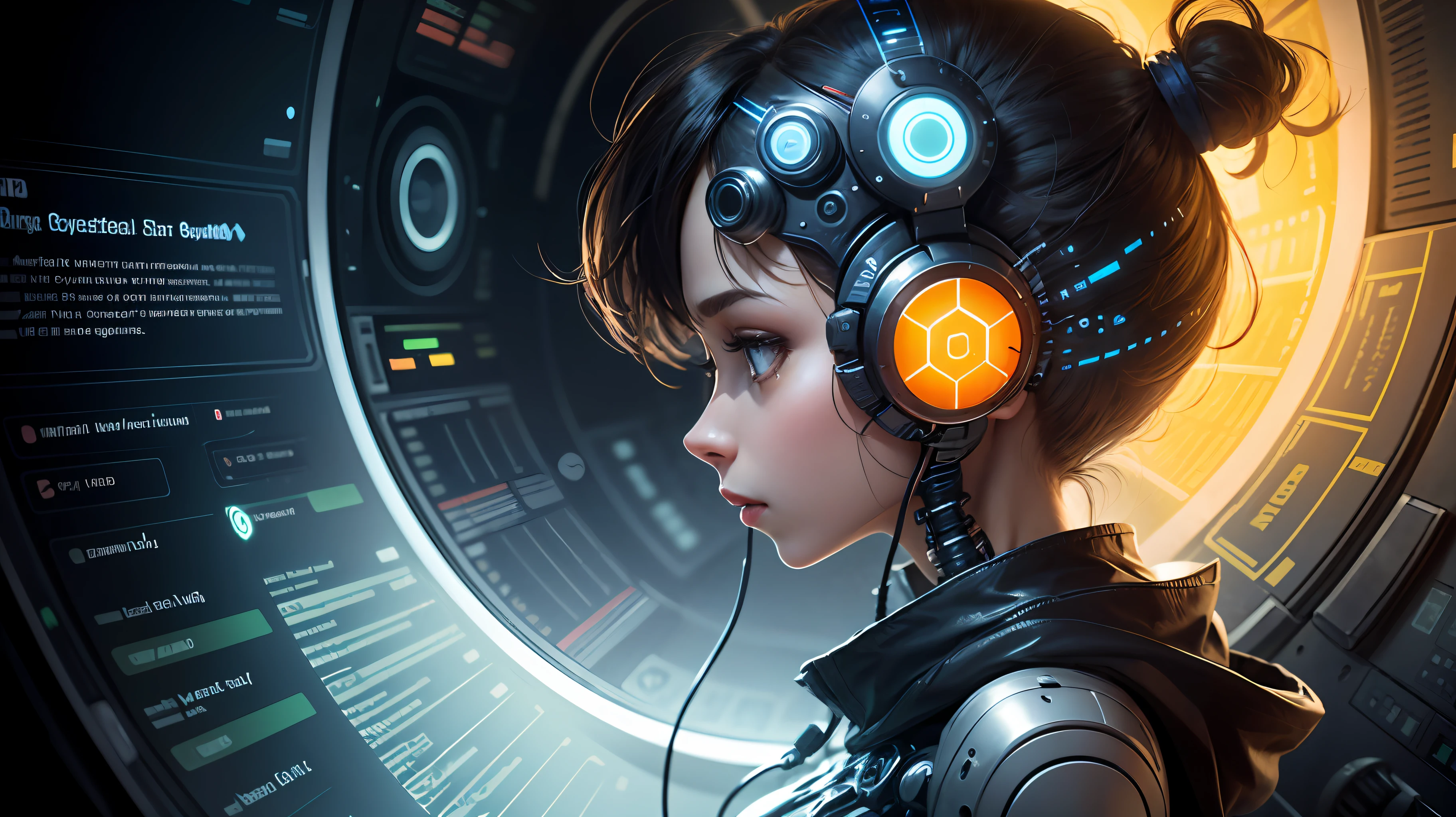 side view illustration of a artificial intelligence, interdimensional cybernetic, advance female humanoid, surrounded by CPU and data communications, surreal --auto