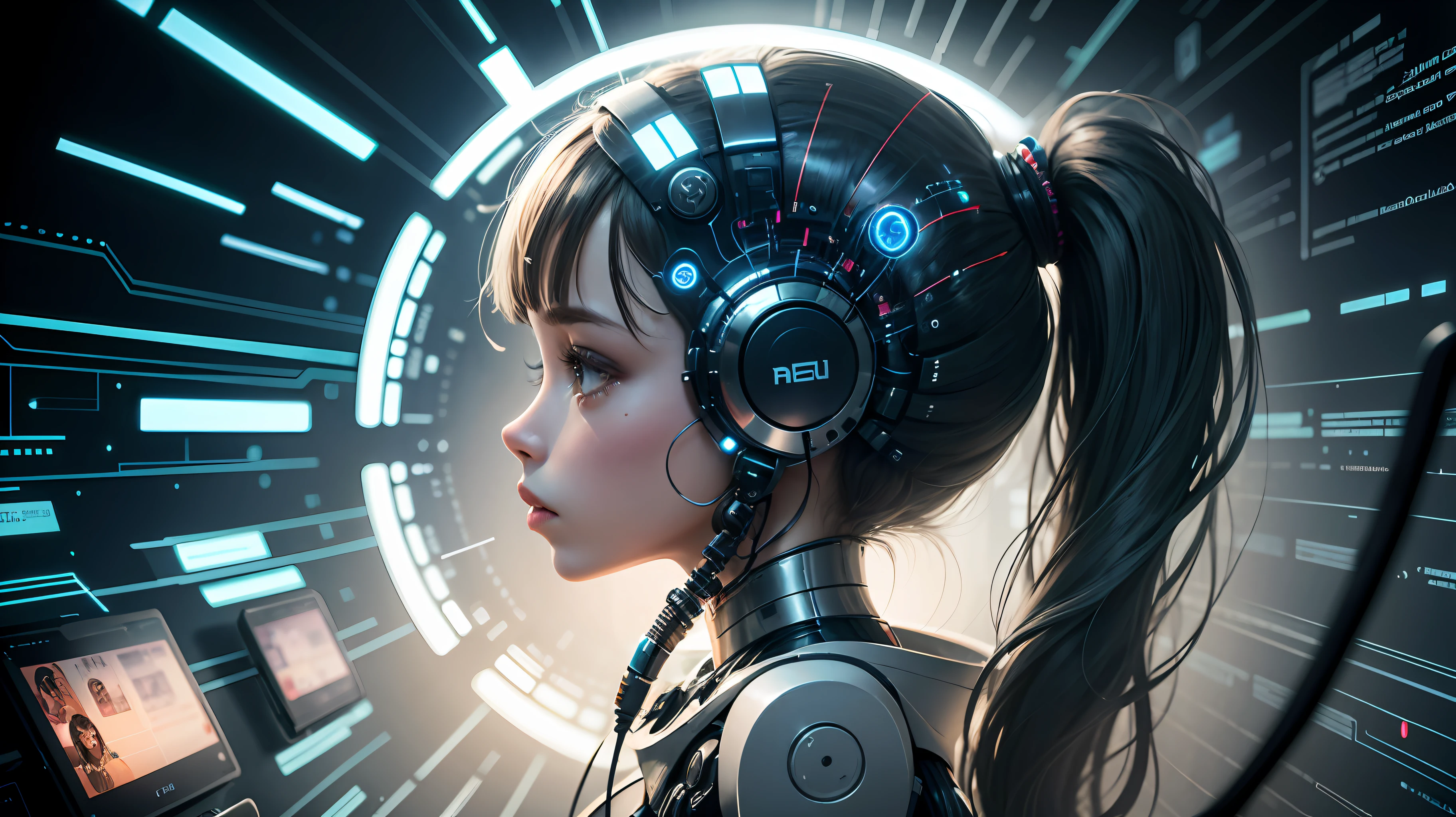 side view illustration of a artificial intelligence, interdimensional cybernetic, advance female humanoid, surrounded by CPU and data communications, surreal --auto