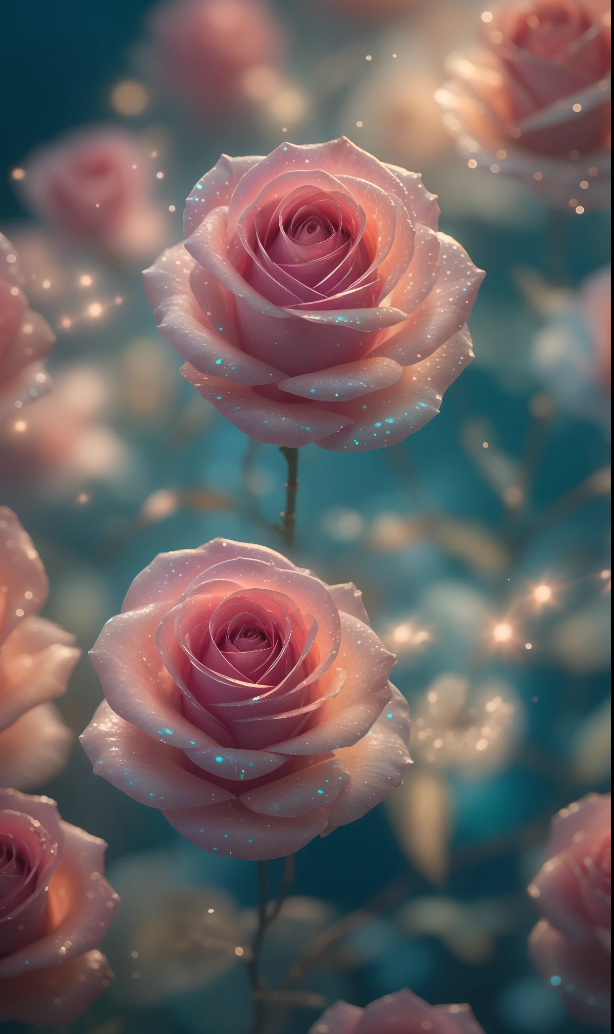 Crystal fantasy, Roses, Full-color,  toe-up, neon, countless crystal feathers flutter in the air,
fantasy, galaxy, transparent, shallow depth of field, jade bokeh, sparkling, sparkling, stunning, colourful,
Magical Photography, Dramatic Lighting, photo realism, Ultra Detail, 4K, DOF, High Resolution