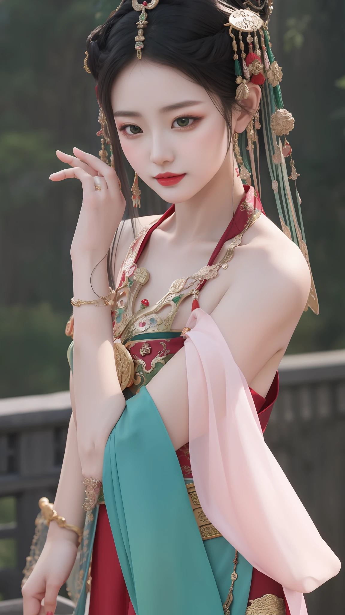 Ultra-detailed fingers，Real finger details，Aravi woman in red and green dress，Wears a pink and green scarf, a beautiful fantasy empress, ((a beautiful fantasy empress)), palace ， girl in Hanfu, tall thin beautiful goddess, full body xianxia, beautiful goddess, beautiful maiden, very beautiful elven top model, ancient chinese princess, China Princess, beautiful fantasy maiden, sha xi