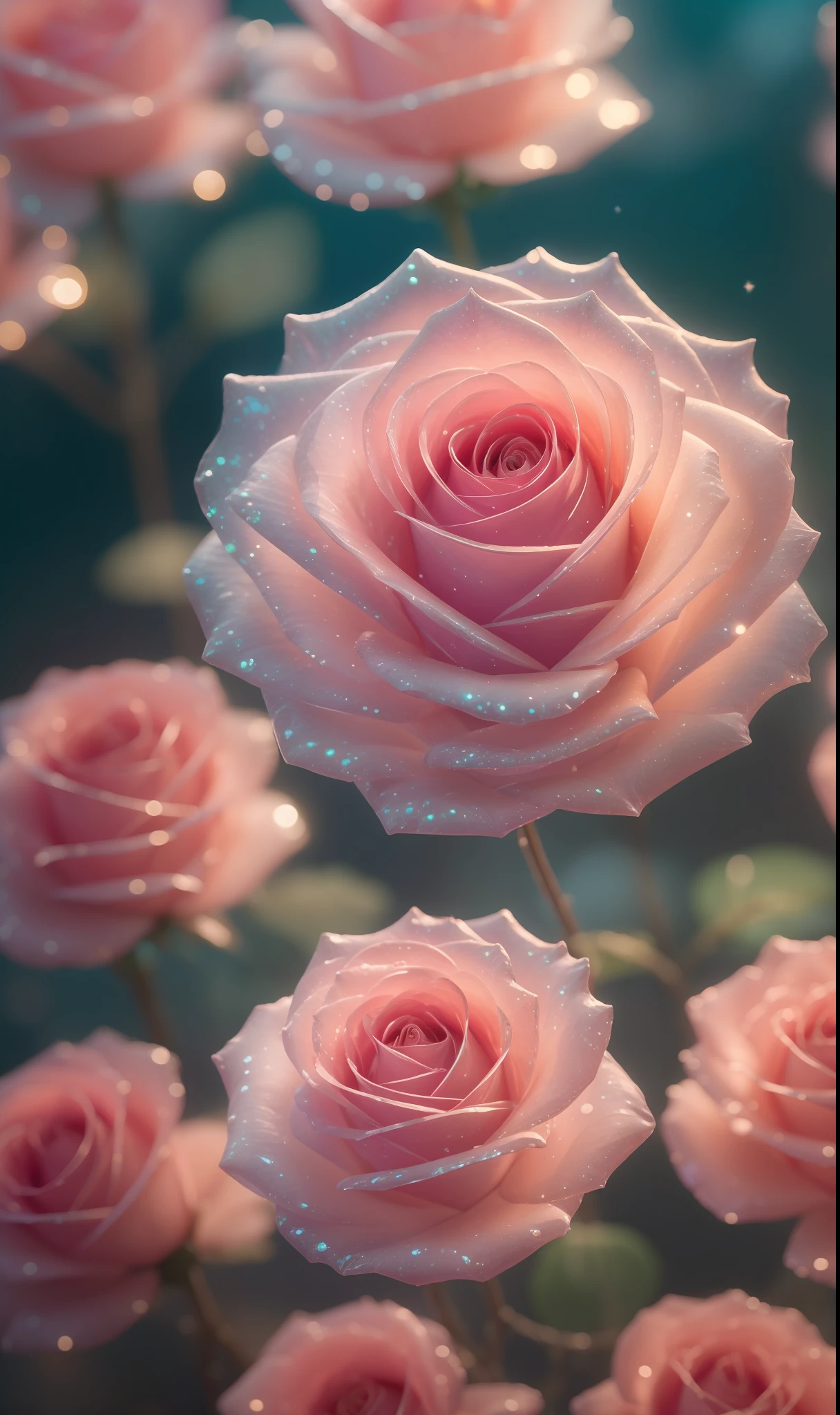 Crystal fantasy, Roses, Full-color,  toe-up, neon, countless crystal feathers flutter in the air,
fantasy, galaxy, transparent, shallow depth of field, jade bokeh, sparkling, sparkling, stunning, colourful,
Magical Photography, Dramatic Lighting, photo realism, Ultra Detail, 4K, DOF, High Resolution