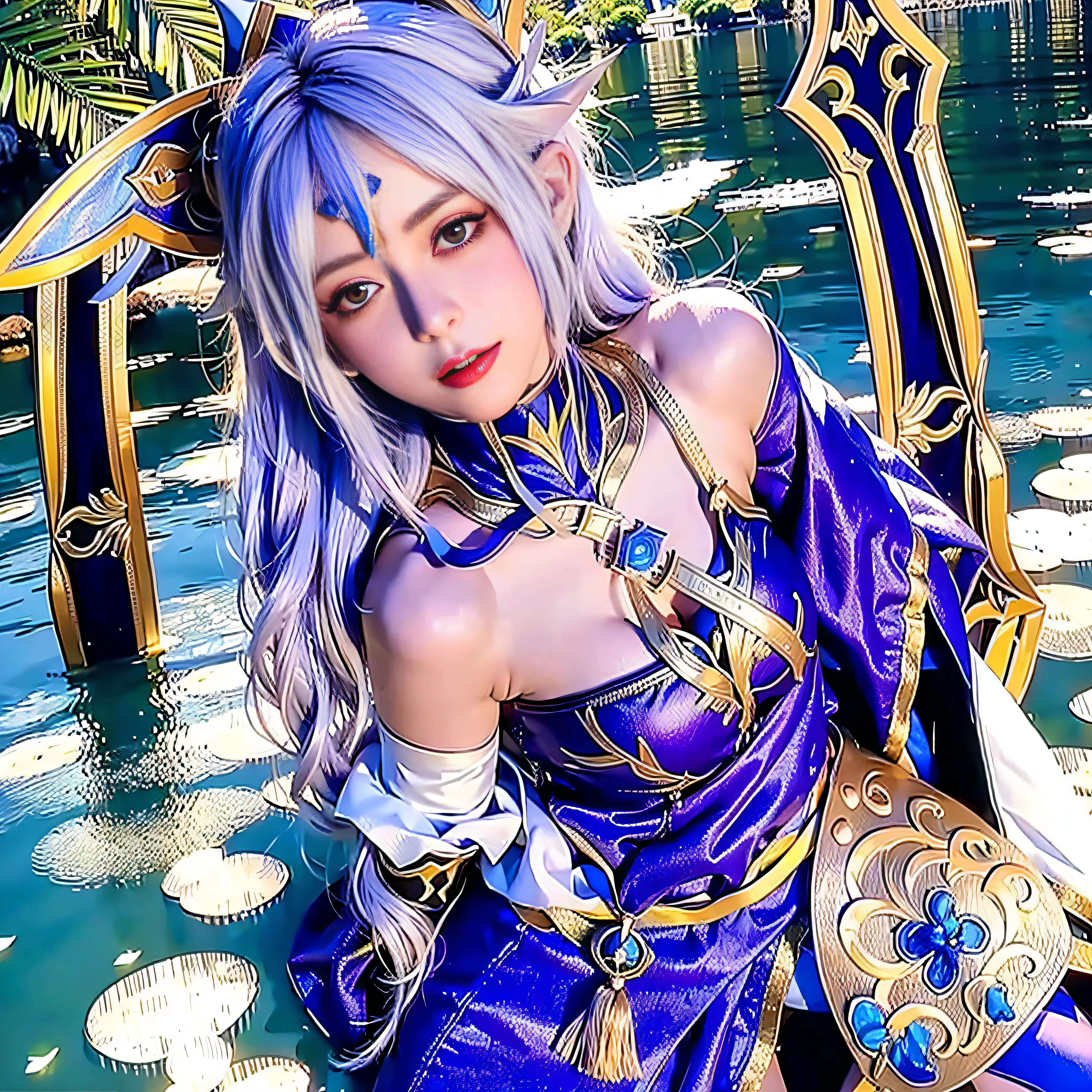 Arad woman sitting on dock with rabbit ears and blue skirt, anime girl role play, anime role play, anime goddess, portrait knight of zodiac girl, Ayaka role play, role play, anime girl in real life, full role play, gorgeous role play, role player, knight of zodiac girl, role play photo, charming role play, professional role play, elegant and charming role play, most detail, best light and shadow, 4k, big breasts