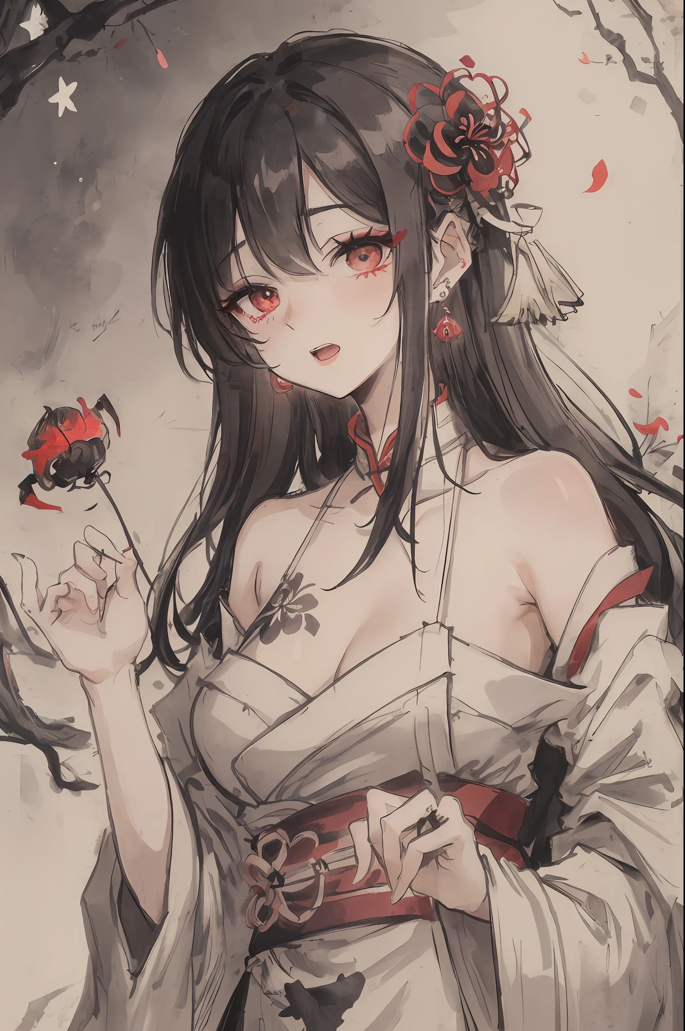 ((High resolution)), (Open Mouth), (Bust), (Top Quality), ((Super Fine)) (Super Fine CG)), ((8k_wallpaper)), Dynamic Angle, Floating, (Eyes with Beautiful Details), Very Delicate and Beautiful Girl, Upper Body, Ink Painting, (Chinese Style), Dark Eyes, Burning, Detail Light. from_low, (black hair), (red spider) lily: 1.33), aqua eye, (hair flower: 1.3), Bloom, single, starry sky, hair accessories, earrings, jewelry, messy hair, bare shoulders, half-closed eyes, bloom, (men), (Hanfu: 1.3), (Medium breasts): 1.2), (Eyeshadow, Red Eyeliner: 1.15), (Eyeshadow, Red Eyeliner: 1.15), (Eyeshadow, Red Eyeliner: 1.15), (Visible Eyes Through Hair: 1.2), (Solo Exhibition), Red Moon