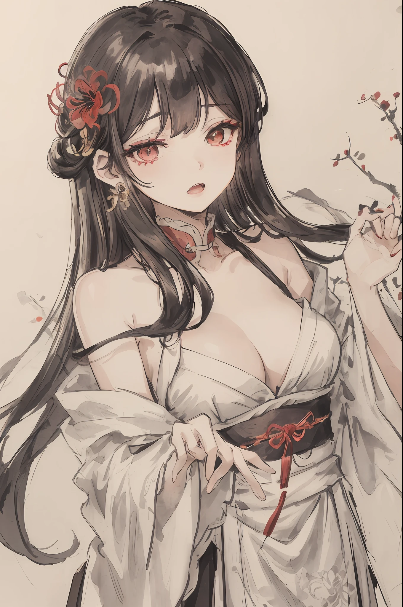 ((High resolution)), (Open Mouth), (Bust), (Top Quality), ((Super Fine)) (Super Fine CG)), ((8k_wallpaper)), Dynamic Angle, Floating, (Eyes with Beautiful Details), Very Delicate and Beautiful Girl, Upper Body, Ink Painting, (Chinese Style), Dark Eyes, Burning, Detail Light. from_low, (black hair), (red spider) lily: 1.33), aqua eye, (hair flower: 1.3), Bloom, single, starry sky, hair accessories, earrings, jewelry, messy hair, bare shoulders, half-closed eyes, bloom, (men), (Hanfu: 1.3), (Medium breasts): 1.2), (Eyeshadow, Red Eyeliner: 1.15), (Eyeshadow, Red Eyeliner: 1.15), (Eyeshadow, Red Eyeliner: 1.15), (Visible Eyes Through Hair: 1.2), (Solo Exhibition), Red Moon