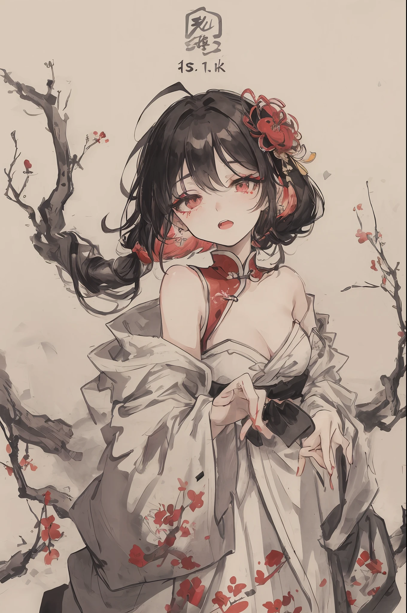 ((High resolution)), (Open Mouth), (Bust), (Top Quality), ((Super Fine)) (Super Fine CG)), ((8k_wallpaper)), Dynamic Angle, Floating, (Eyes with Beautiful Details), Very Delicate and Beautiful Girl, Upper Body, Ink Painting, (Chinese Style), Dark Eyes, Burning, Detail Light. from_low, (black hair), (red spider) lily: 1.33), aqua eye, (hair flower: 1.3), Bloom, single, starry sky, hair accessories, earrings, jewelry, messy hair, bare shoulders, half-closed eyes, bloom, (men), (Hanfu: 1.3), (Medium breasts): 1.2), (Eyeshadow, Red Eyeliner: 1.15), (Eyeshadow, Red Eyeliner: 1.15), (Eyeshadow, Red Eyeliner: 1.15), (Visible Eyes Through Hair: 1.2), (Solo Exhibition), Red Moon
