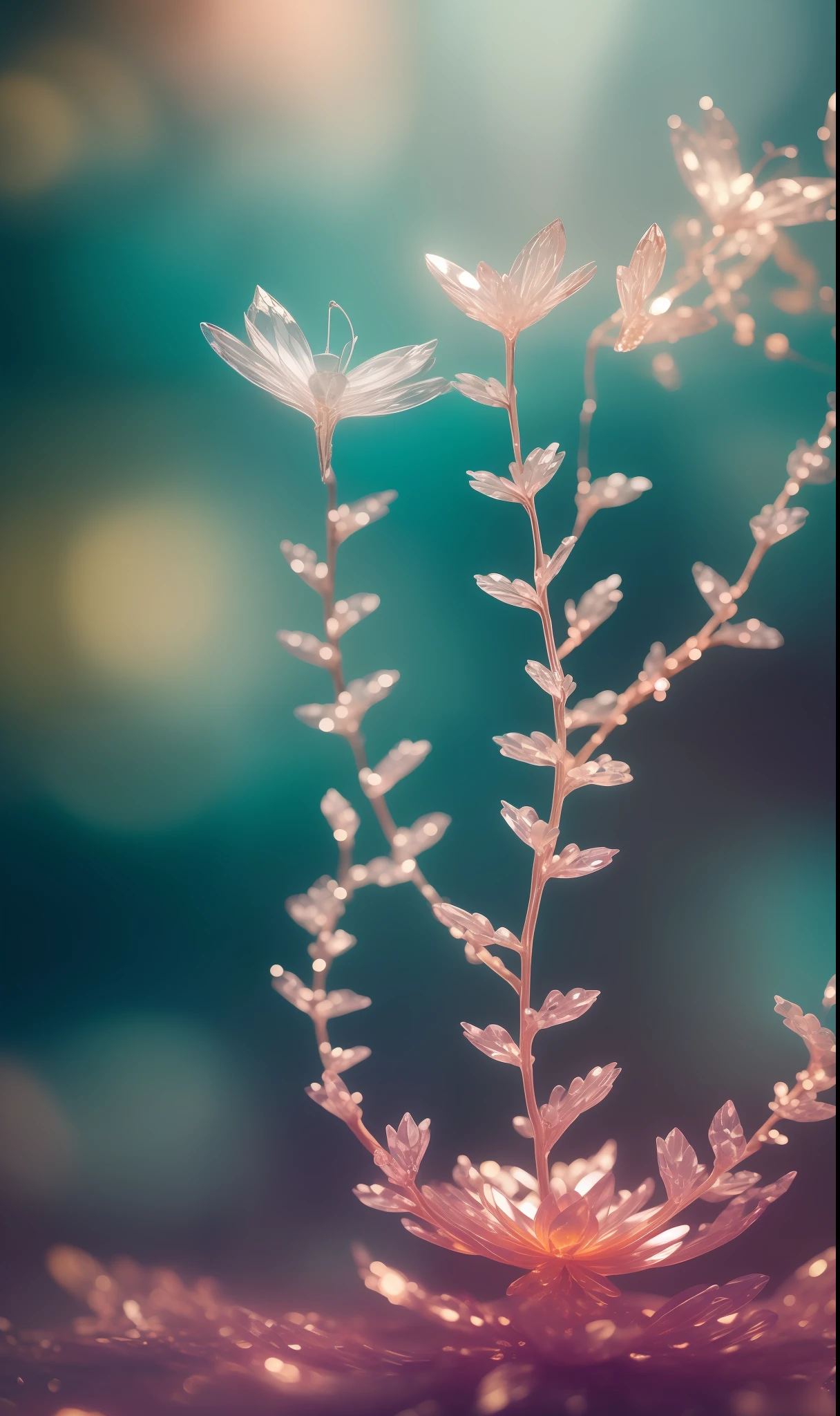 Crystal fantasy, Succulents, fern, transparent,neon,Full-color, toe-up, countless crystal feathers flutter in the air,
fantasy, galaxy, transparent, shallow depth of field, jade bokeh, sparkling, sparkling, stunning, colourful,
Magical Photography, Dramatic Lighting, photo realism, Ultra Detail, 4K, DOF, High Resolution