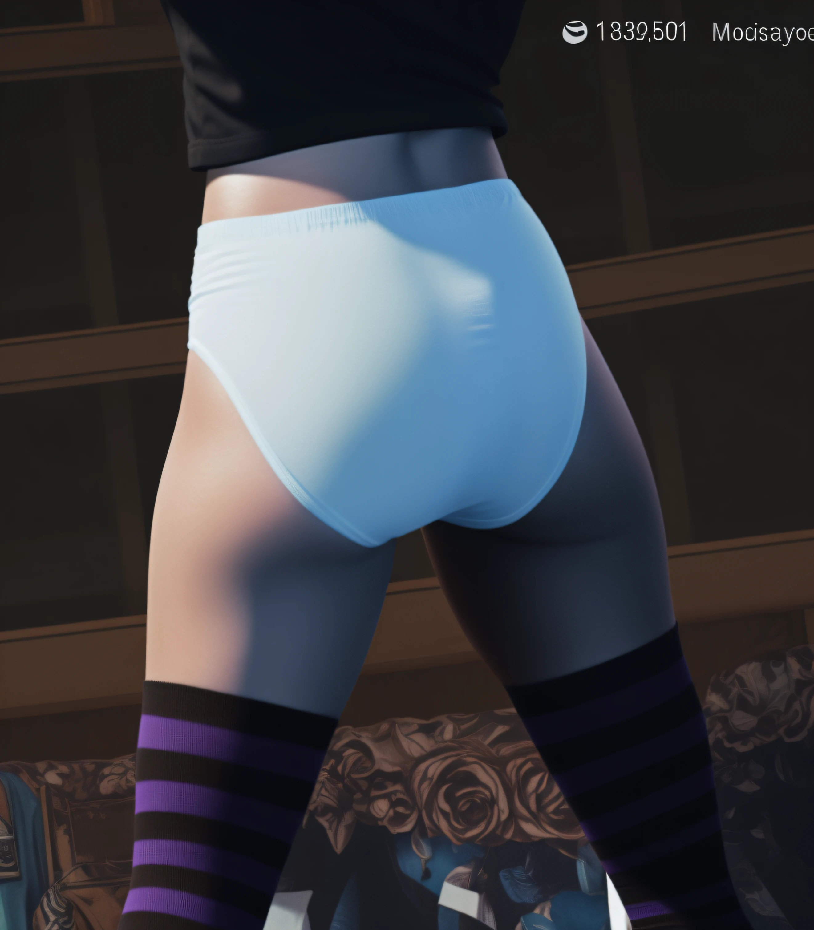 Caucasian punk woman in black shirt and white cotton panties and purple stripe socks, photo realistic, intricate details