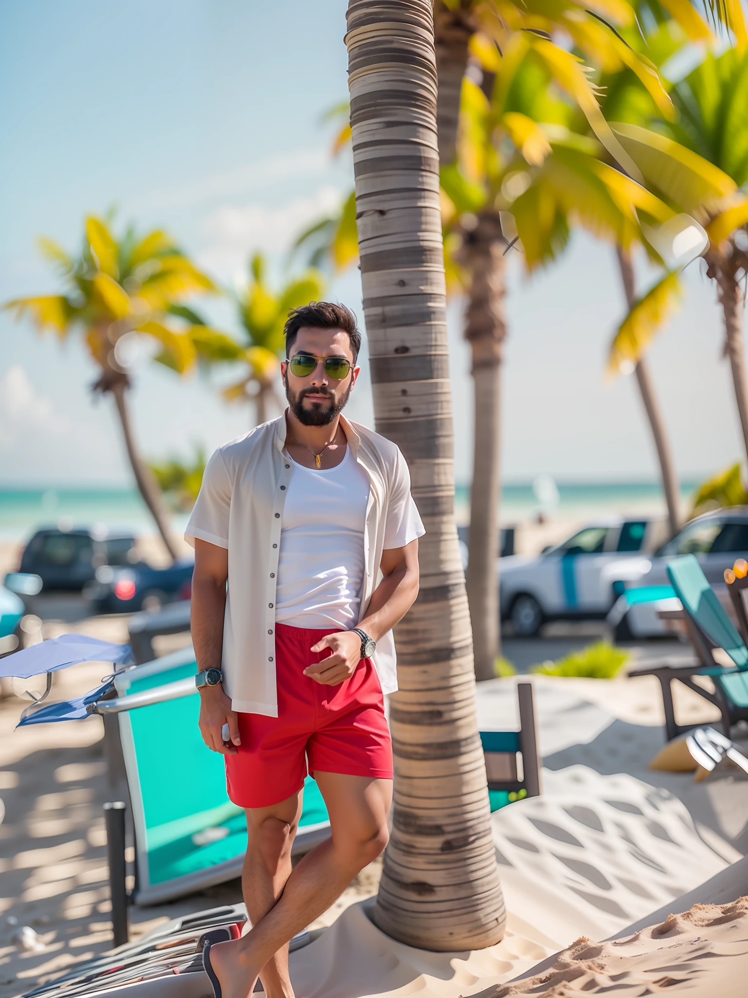 there is a man standing on the beach next to a palm tree, wearing black and gold sunglasses, wearing white swim shorts, chest and stomach visible, black hair,some hair on chest and stomach, love handles, palm trees in the background, with palm trees in the back, vacation photo, posing on a beach with the ocean, at a tropical beach, standing near the beach, shot on Samsung galaxy, standing at the beach, photorealistic