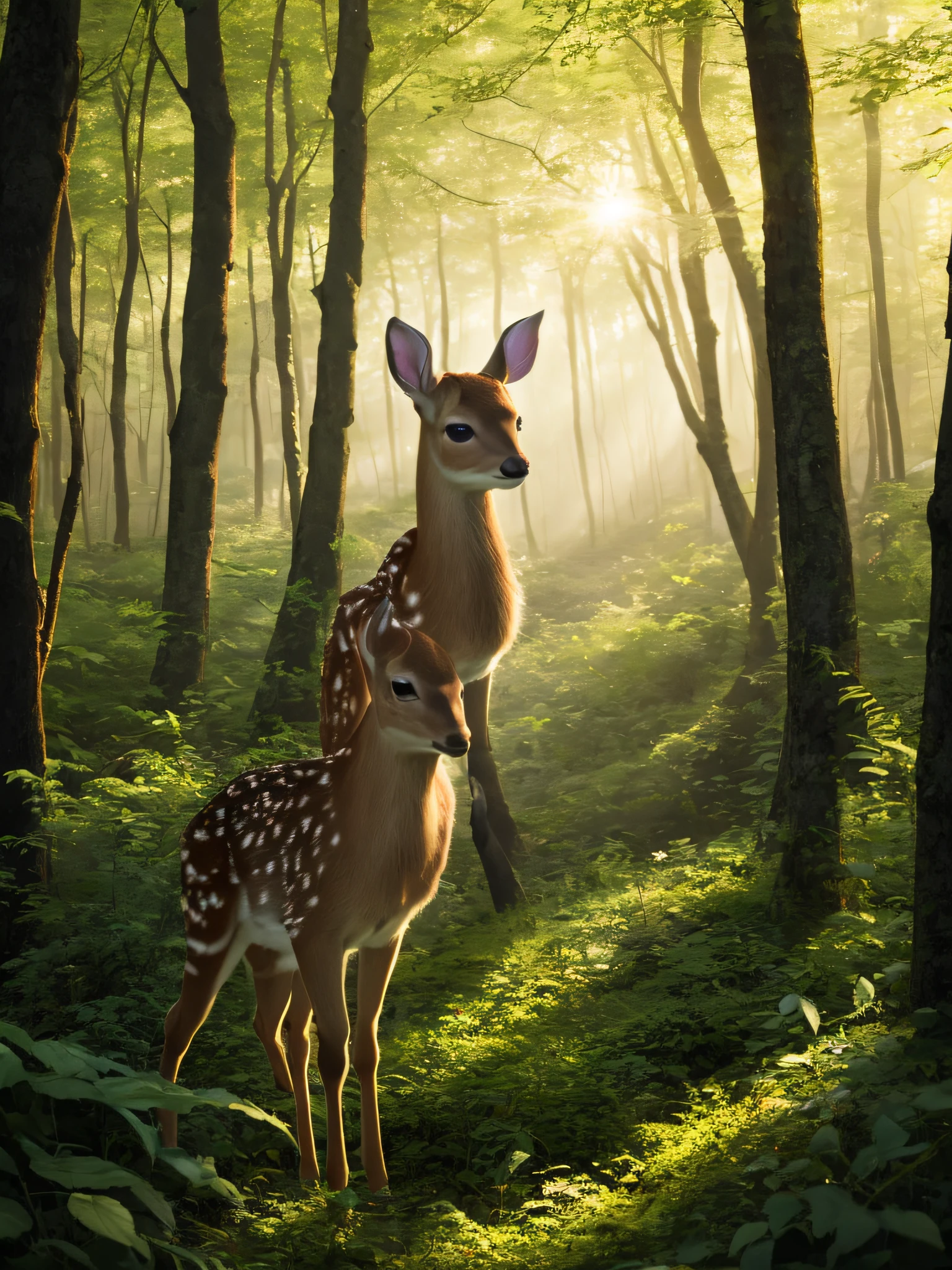 A fawn standing in the woods in the forest，Densely wooded，Clear hair，Golden sunlight shines through the leaves on the woods，There is a mist in the air，8K，Facial smile，Artistic digital photos --auto