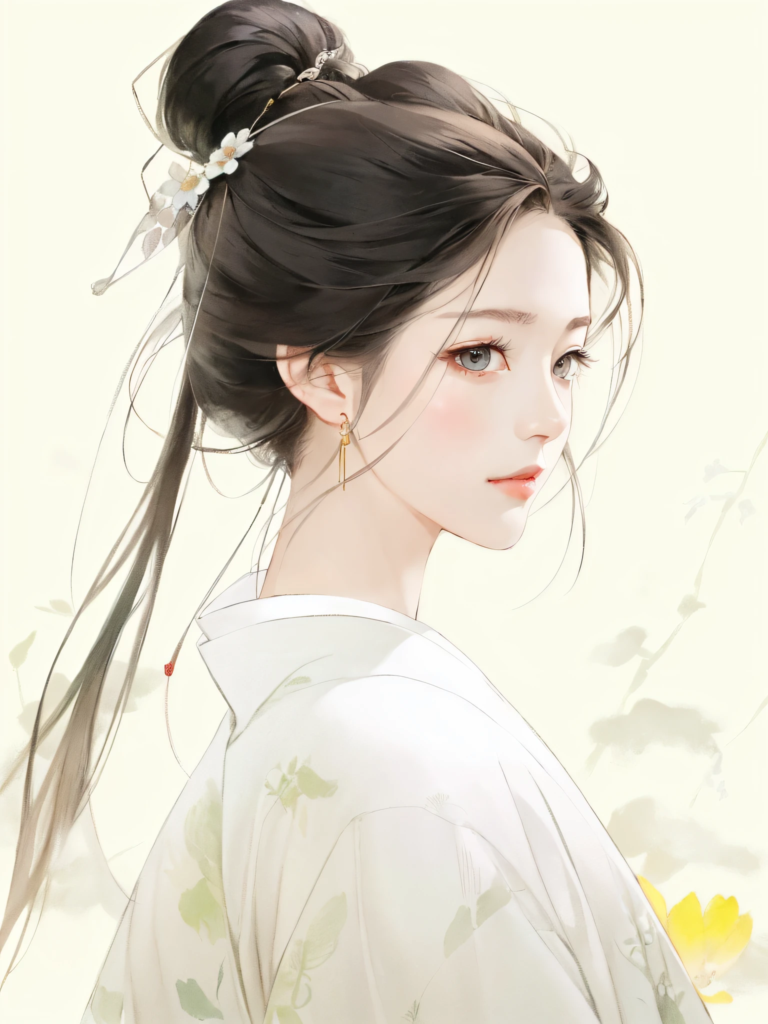 There is a hair with flowers in it，Woman in white shirt, palace ， girl in Hanfu, beautiful character painting, 中 元 节, Beautiful Artwork Illustration, artwork in the style of guweiz, by Yang J, Guwiz, inspired by Ma Yuanyu, a beautiful anime portrait, Author：Li Song, Chinese Girl