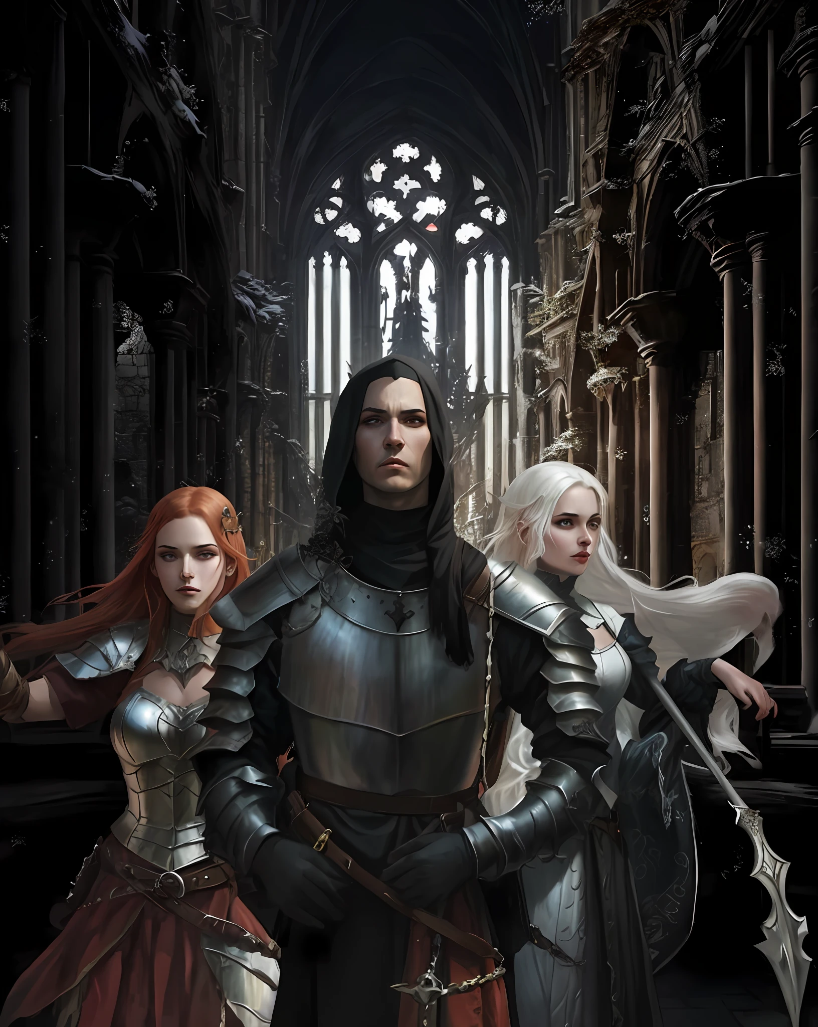 Imagem de um escuro-cavaleiro de pele ((negra)) e duas mulheres, a Nordic redhead in armor and the other a pale as snow nun with beautiful white hair in a Gothic setting;, fantasia sombria medieval, Alta fantasia medieval, Neoartcore e Charlie Bowater, arte do jogo de fantasia medieval, arte de fantasia medieval, Neo-gothic concept, gothic fantasy art, medieval fantasy illustration, gothic knight, Anor Londo, Neo-Gothic, desenhos de fantasia medieval, fantasia medieval, fantasia medieval, gothic fantasy