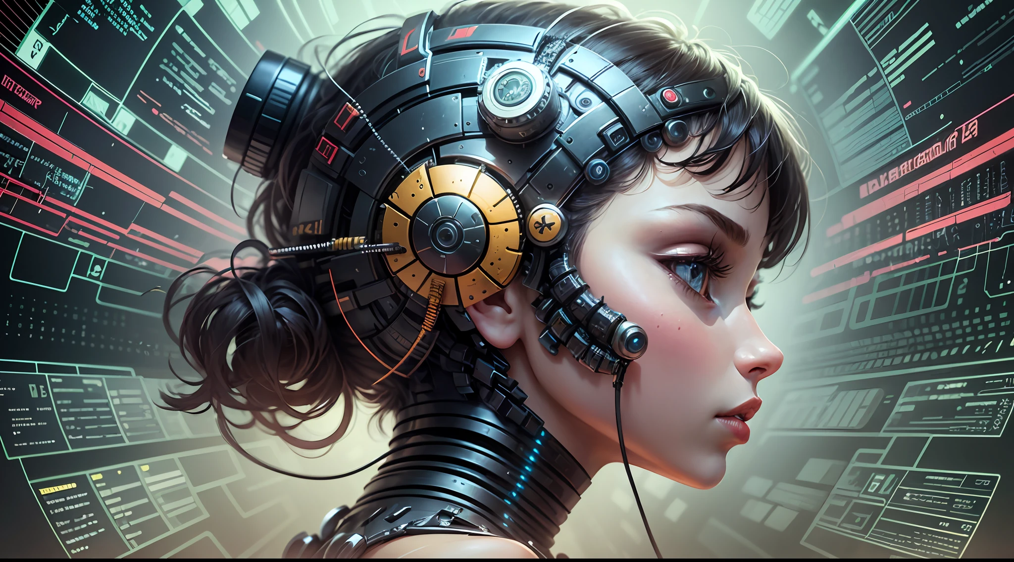 side view illustration of a artificial intelligence, interdimensional cybernetic, advance female humanoid, surrounded by CPU and data communications, surreal --auto