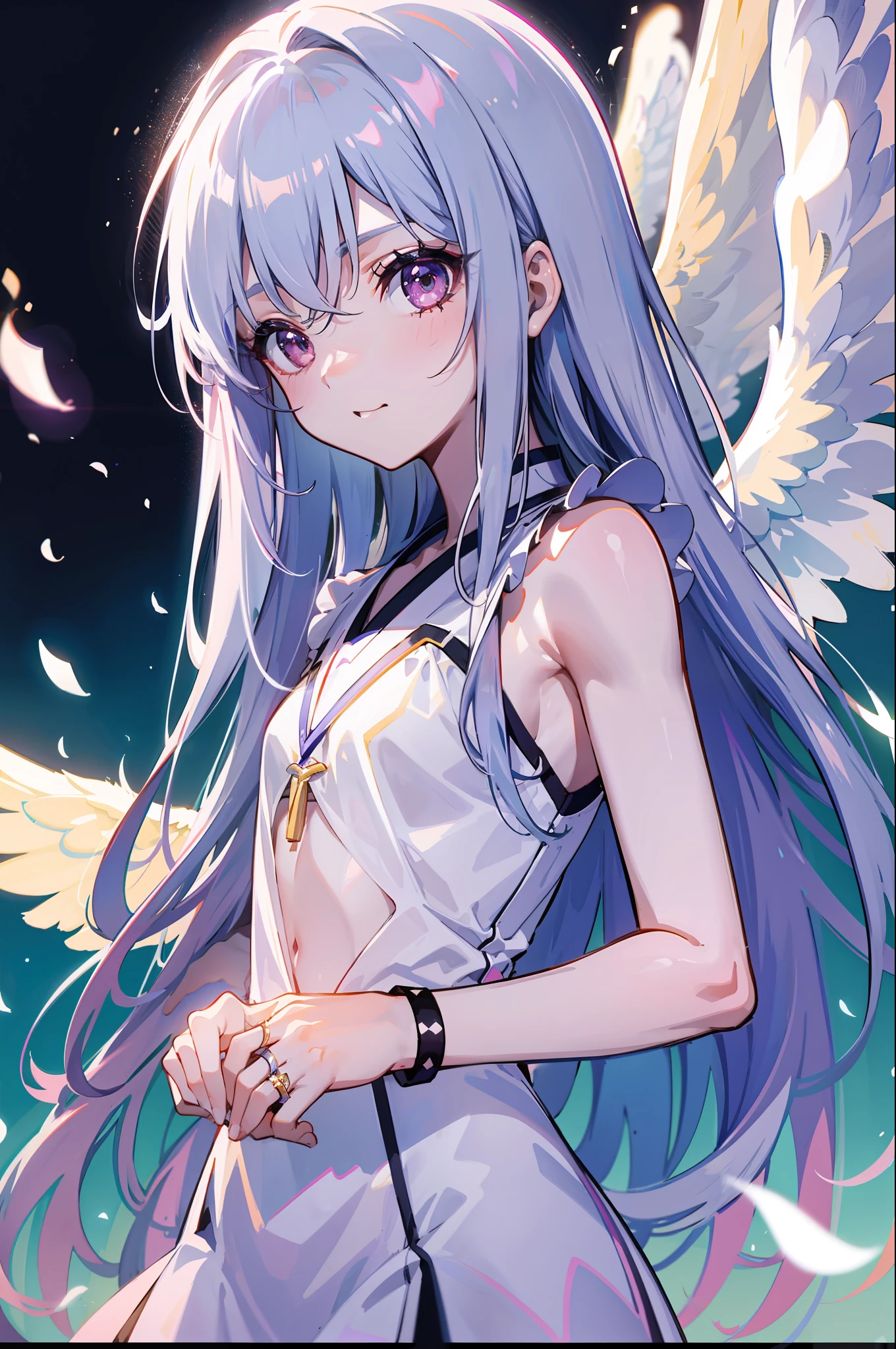 beste Quality、 1 人、sora、Land of Angels、colorful strands of hair、cuddly 、the anime、Sheer white skin、Asian Girls、total body、junior high school student、14歳ines、Quiet child、High Contrast、Tempting、sensual、angelic、Glowing on the back2Angel Wings、A ring that glows horizontally above your head、The top of the head is silver hair and the tips are pink、White attire、seethrough