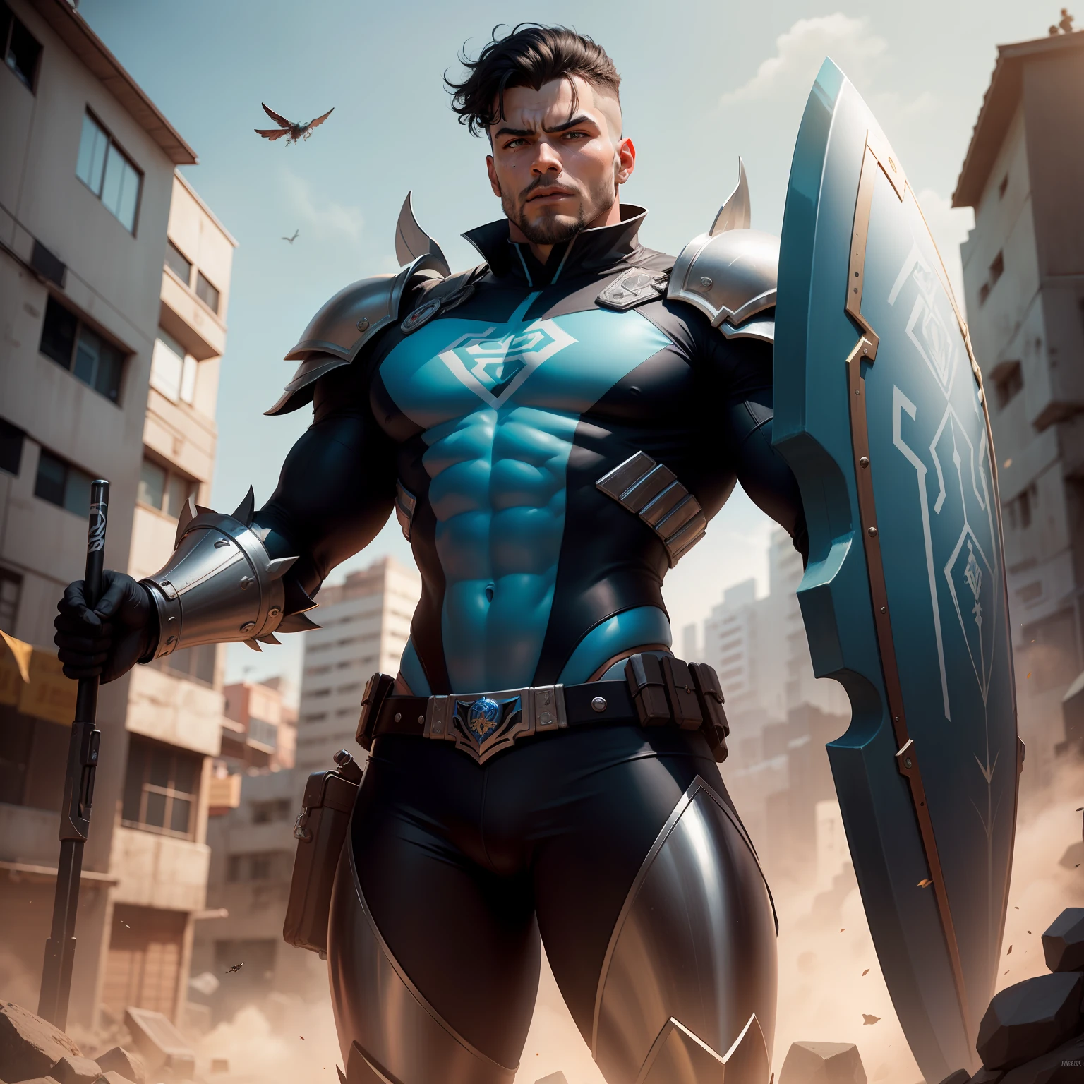 Description: Create a faithful and highly expressive representation of the Favela Guardian, an iconic black comic book character. He is portrayed wearing stately, gleaming niobium military armor, which molds perfectly to his athletic -yeld bo Details in shades of dark blue, black and silver adorn the costume, symbolizing its courage and strength.
The Slum Guardian is seen wielding his mighty weapons, a futuristic gleaming slingshot and dart-firing arm. The darts are adorned with mystical runes, while the shield on the arm bears the symbol of Morro da Paz. Her facial expression is determined and confident, conveying her resilience and determination.
Around the Guardian of the Quebradas, Gatrones and Musquitrones fly, helping with the challenges he faces on his journey. These mechanical creatures have shiny metallic details, enhancing their appearance.