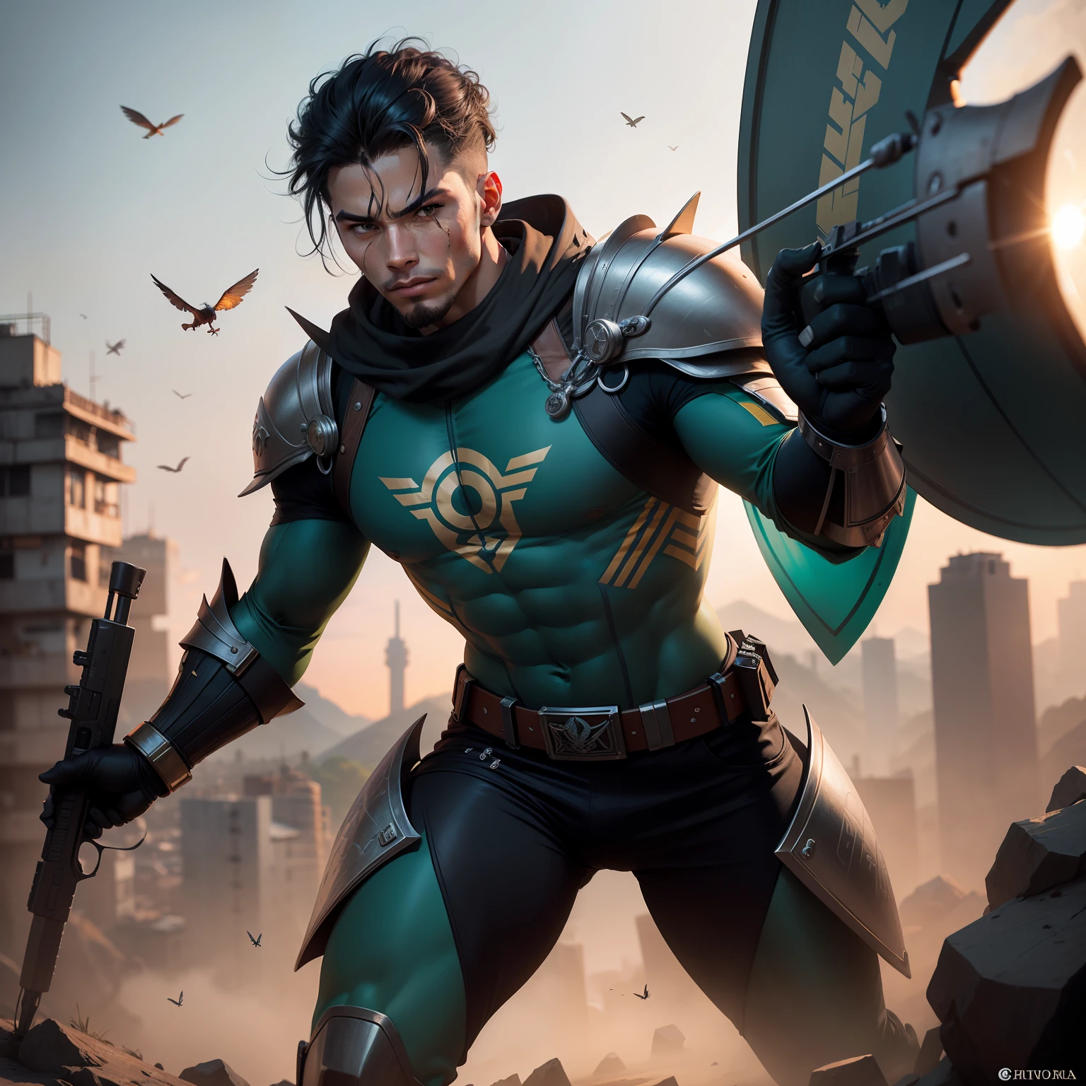 Description: Create a faithful and highly expressive representation of the Favela Guardian, an iconic black comic book character. He is portrayed wearing stately, gleaming niobium military armor, which molds perfectly to his athletic 16-year-old body. Details in shades of dark green, black and silver adorn the costume, symbolizing its courage and strength.
The Slum Guardian is seen from a tower stand wielding his mighty weapons, a futuristic gleaming slingshot and dart-firing arm. The darts are adorned with mystical runes, while the shield on the arm bears the symbol of Morro da Paz. Her facial expression is determined and confident, conveying her resilience and determination.
Around the Guardian of the Quebradas, Gatrones and Musquitrones fly, helping with the challenges he faces on his journey. These mechanical creatures have shiny metallic details, enhancing their appearance.