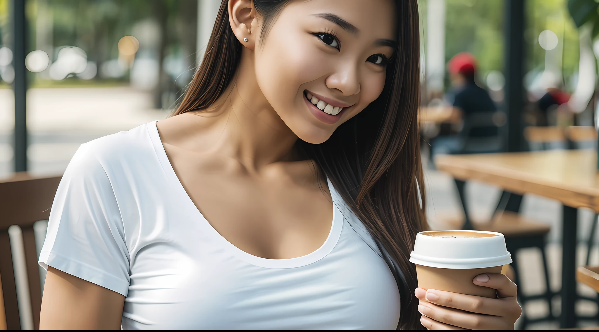young Thai woman, bodybuilder physique, wearing a white top and jeans, smiling, having a cup of coffee with a friend at a coffee shop, (8k), (best quality), (masterpiece:1.3), (realistic), (photorealistic:1.34), ultra-detailed, [beautiful detailed eyes], (beautiful detailed nose), [very long blond hair], (see-through white t-shirt), jeans, (large breasts), (close up), park, depth of field,