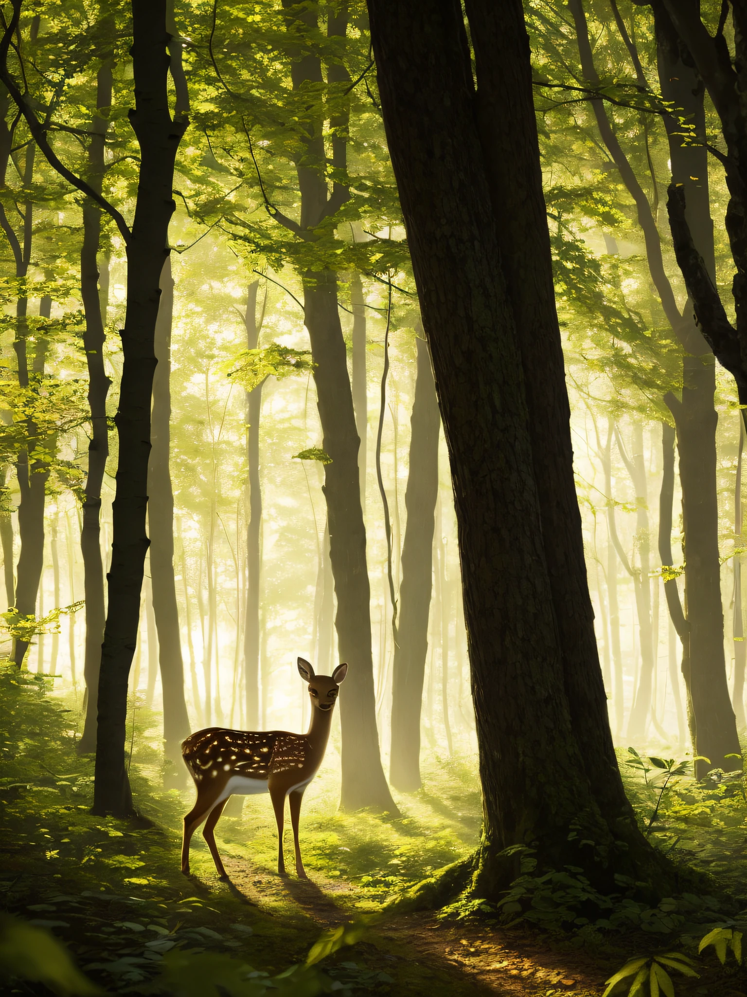 A fawn standing in the woods in the forest,Densely wooded,Clear hair,Golden sunlight shines through the leaves on the woods,There is a mist in the air,8K,Facial smile,Artistic digital photos --auto