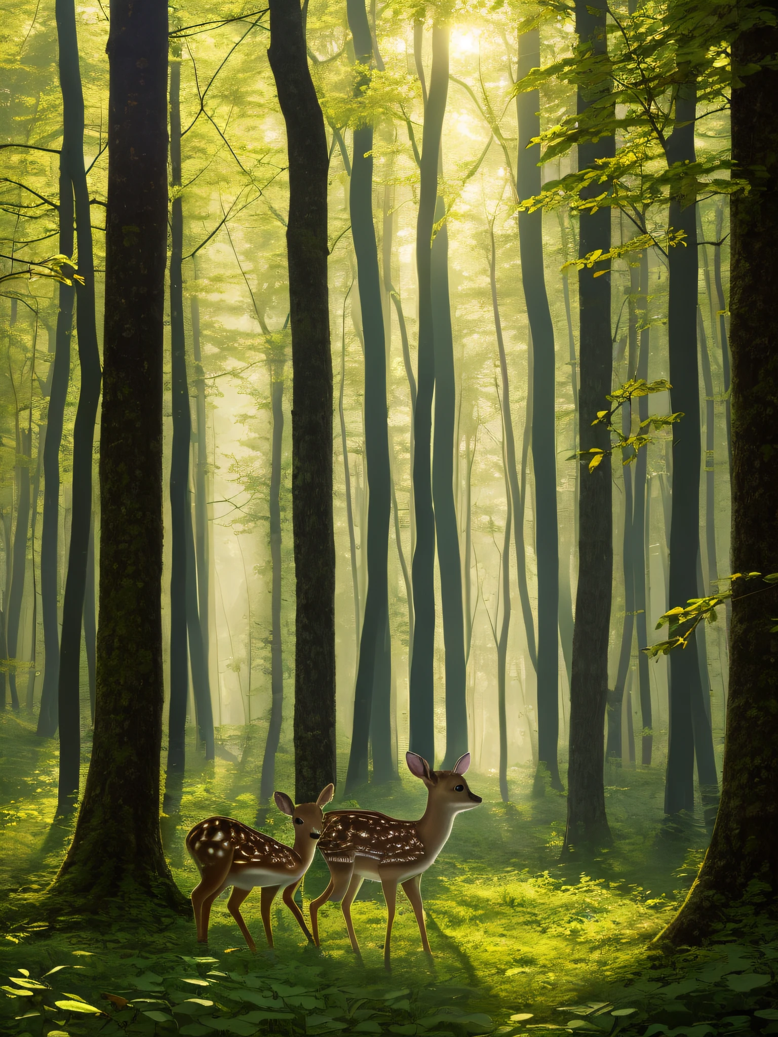 A fawn standing in the woods in the forest，Densely wooded，Clear hair，Golden sunlight shines through the leaves on the woods，There is a mist in the air，8K，Facial smile，Artistic digital photos --auto