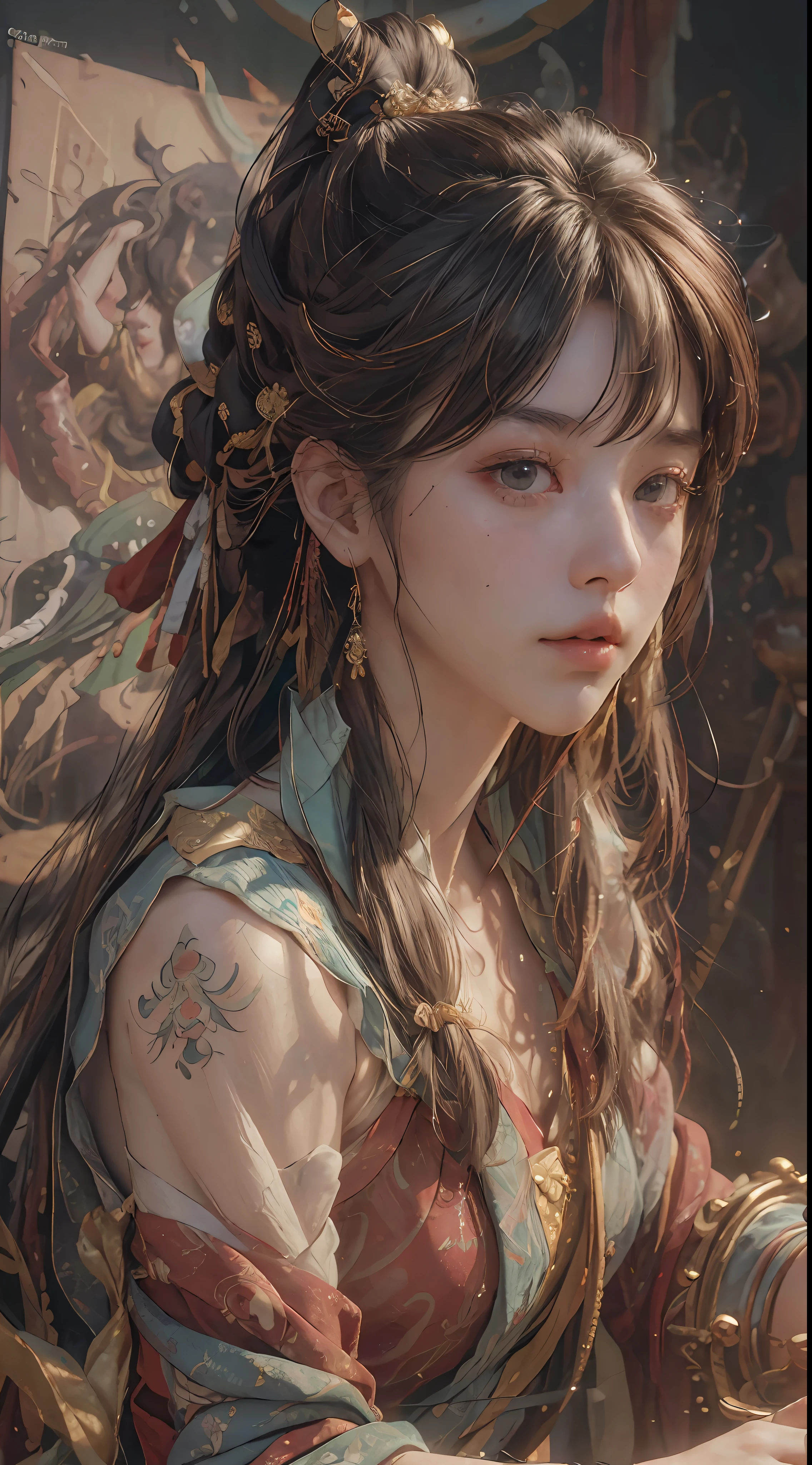 (RAW photo, best quality), (realistic, photo-realistic:1.3),best quality,highly detailed,masterpiece,ultra-detailed,illustration,1girl,upper_body,dynamic angle,world masterpiece theater,messy_long_hair,best quality,extremely detailed CG unity 8k wallpaper,ink,Amazing,cinematic lighting,lens_flare, dunhuang_style