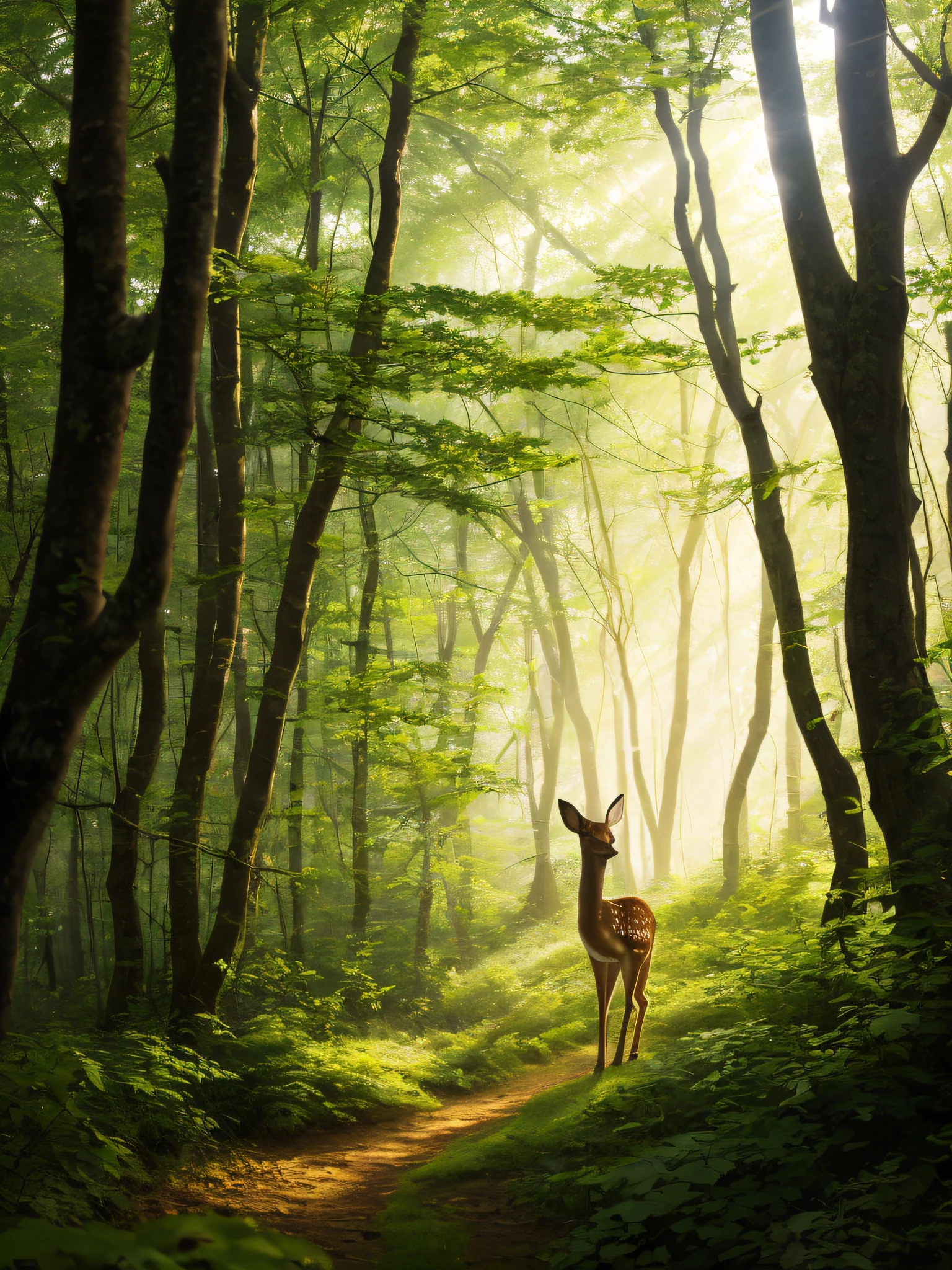 A fawn standing in the woods in the forest，Densely wooded，Clear hair，Golden sunlight shines through the leaves on the woods，There is a mist in the air，8K，Facial smile，Artistic digital photos --auto