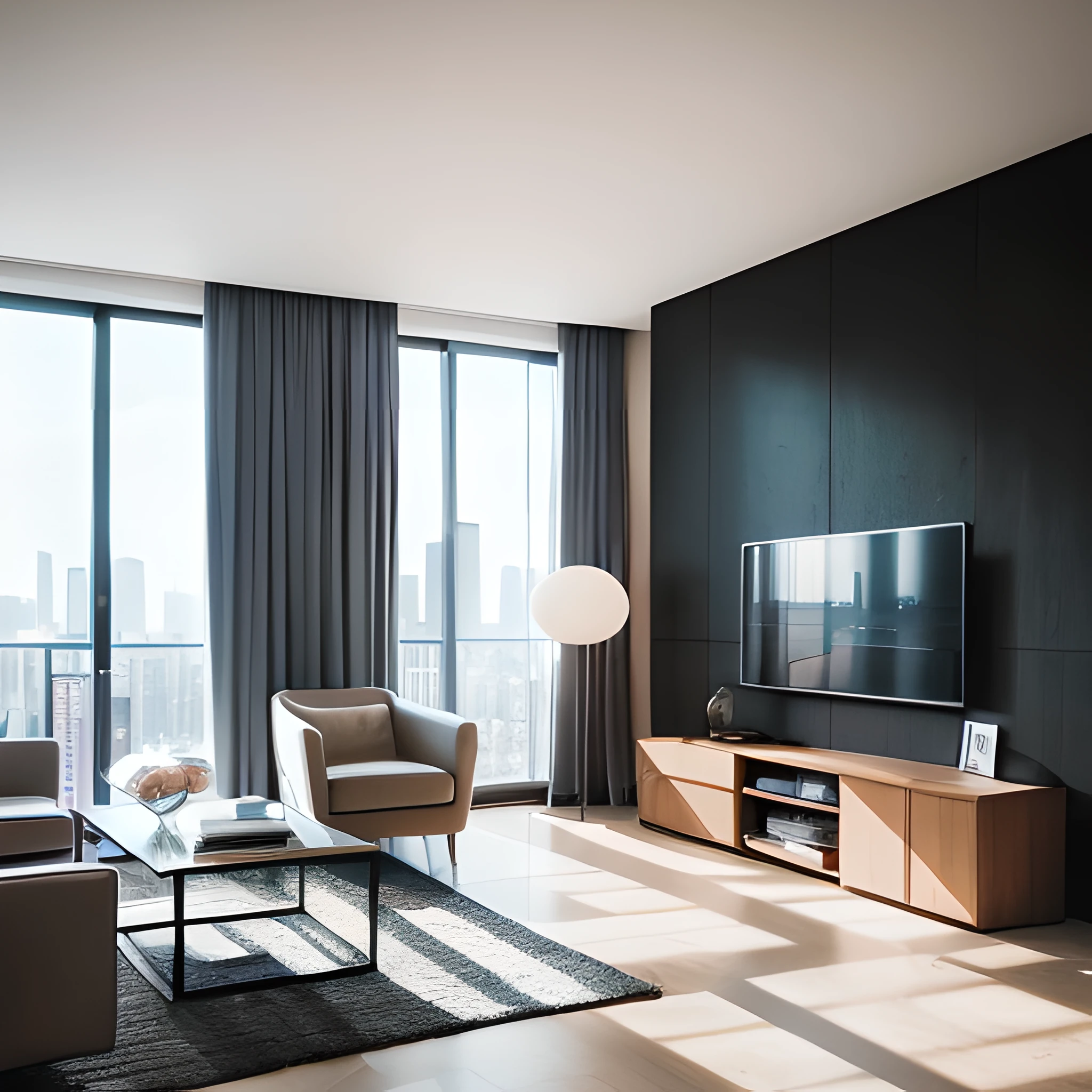 High-resolution concept art in the apartment living room overlooking CGsociety, a futuristic metropolis with floor-to-ceiling windows and mid-century modern furniture cinematic lighting --auto