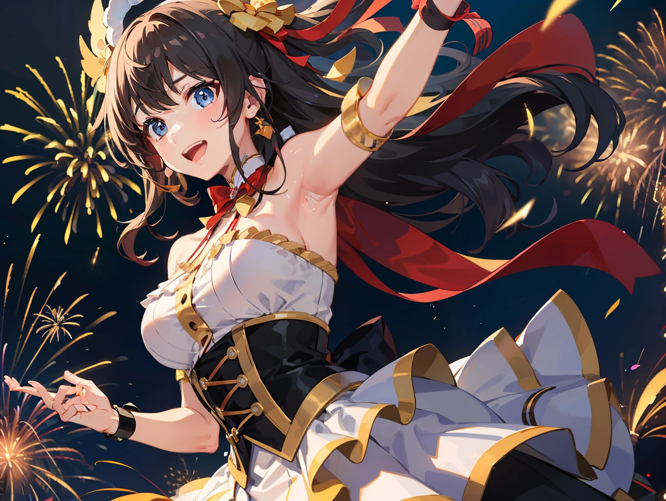 (Masterpiece:, best quality1.2), (illustration:1.1), (ultra-detailed, hyper details:1.1), (delicate detailed:0.9), extremely delicate and beautiful girls, (stage light, from below:1.4), (dynamic angle, dutch angle:1.1), wide shot, (tsurime, extremely detailed eyes and face:1.2), bare_shoulders, layered_skirt, (idol anime character, decorative ribbon:1.4), hair ornament, white gloves, back bow, waist_bow, (:D), (armpits:1.1), Idol Performance, vector graphics, BREAK , (Beautiful fireworks, The Excitement Of Carnival:1.1), (hanabi, cinematic lighting:1.4),  (dancing, dynamic motion blur:1.2), colorful