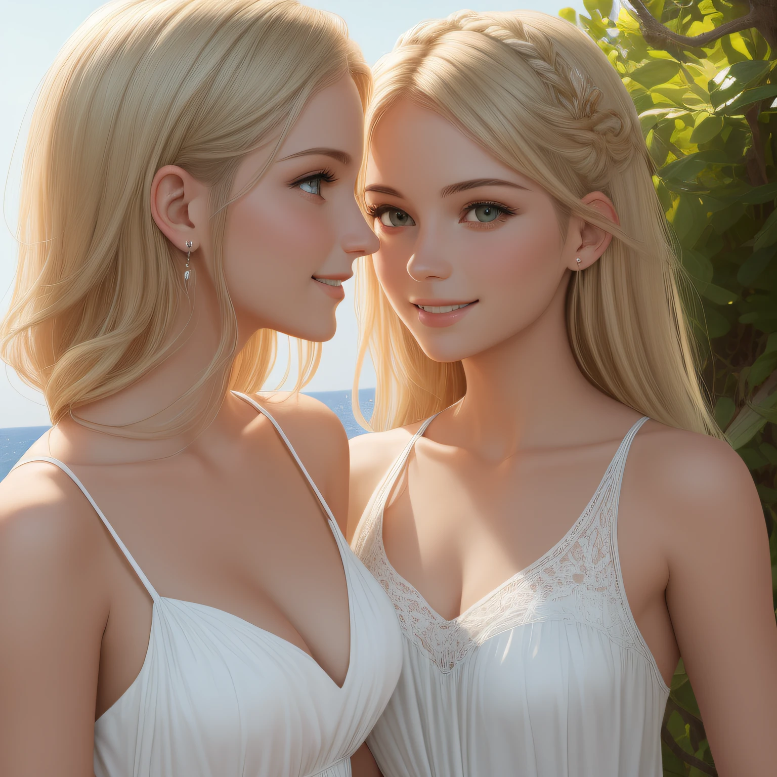 atural light, top quality, masterpiece, illustration, very delicate and beautiful, highly detailed, CG, unity, 8k wallpaper, amazing, detailed, masterpiece, top quality, official art, highly detailed CG Unite 8k wallpaper, silly, incredibly silly, huge file size, super detailed, high resolution, highly detailed, beautiful detailed girls, highly detailed eyes and faces, beautiful detailed eyes, (RAW photos , best quality), (realistic, photorealistic: 1.3), light on face, masterpiece, best quality, full body,m(full body shot:1.3), portrait of 2 girls, russan and Greek, 16 and 24 years old, (detail face and eyes), (smile:1.2), blonde heir, (see-through summer dress with leace trimmed), (one dress is emeald green, another dress is white), (off-sholder), (they play sexual hanky-lanky:1.5), (looking face each other:1.2),(backgraund Aegean Sea side:1.5 )