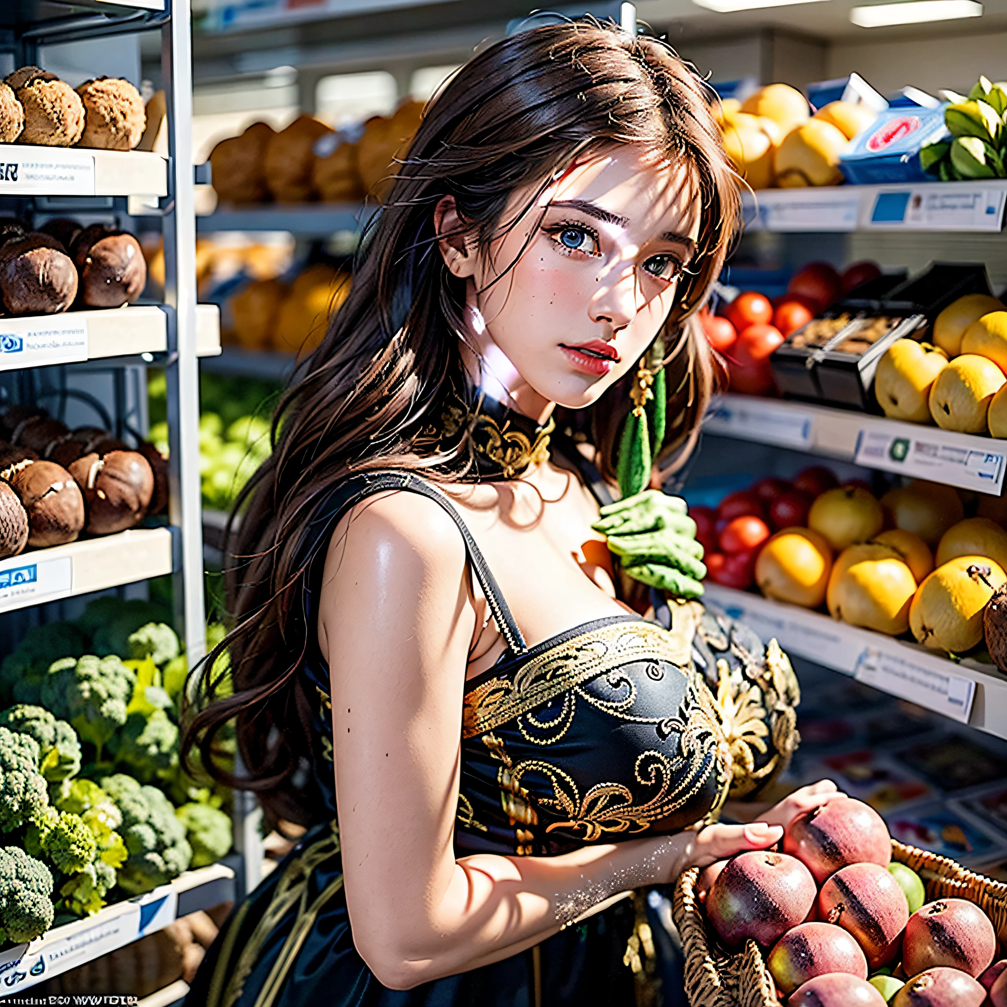 (leckend), zeigend, ((CCMBR, Mund-Insertion:1.2)), Latina-Woman in vegetable area of supermarket, stunning beauty, ((braune Augen)), Detaillierte Iris, ((Blick in die Kamera)), (realistisch:1.3), Komplizierte Details:1.4, Nordische Haut, award winning photo, fotorealistisch, Meisterwerk, 8k uhd, DSLR, Sanftes Licht, Hochwertige, bokeh,, 135 mm lens, focus 2.4 f,