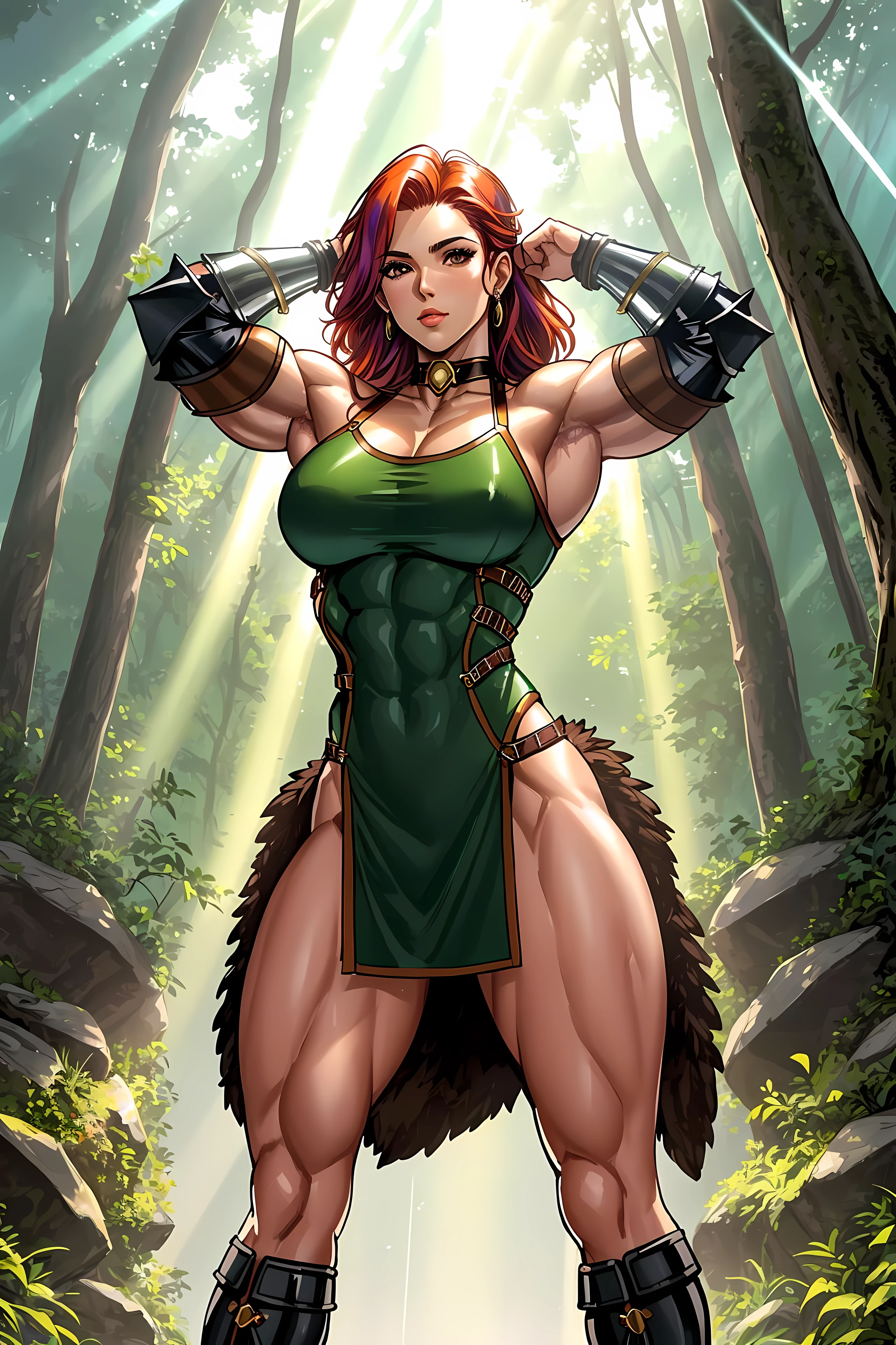 bodybuilder, amazon goddess, sexy armor, vivid colorful hair, pale skin, breasts, barbarian leather armor, choker minidress, savage power, light rays, god rays, furry armor, Jurassic, forest, leaves, muscular, bodybuilder, realistic