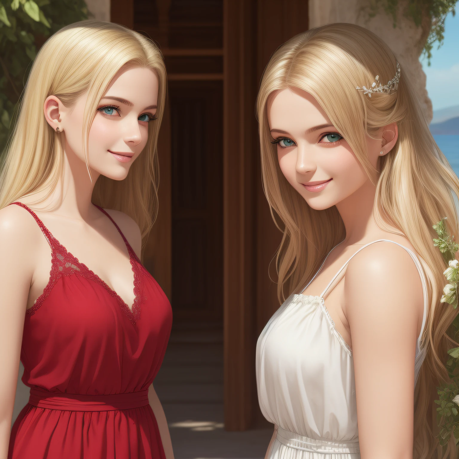 atural light, top quality, masterpiece, illustration, very delicate and beautiful, highly detailed, CG, unity, 8k wallpaper, amazing, detailed, masterpiece, top quality, official art, highly detailed CG Unite 8k wallpaper, silly, incredibly silly, huge file size, super detailed, high resolution, highly detailed, beautiful detailed girls, highly detailed eyes and faces, beautiful detailed eyes, (RAW photos , best quality), (realistic, photorealistic: 1.3), light on face, masterpiece, best quality, full body,m(full body shot:1.3), portrait of 2 girls, russan and Greek, 16 and 24 years old, (detail face and eyes), (smile:1.2), blonde heir, (see-through summer dress with leace trimmed), (one dress is emeald green, another dress is white), (off-sholder), (they play sexual hanky-lanky:1.5), (looking face each other:1.2),(backgraund Aegean Sea side:1.5 )