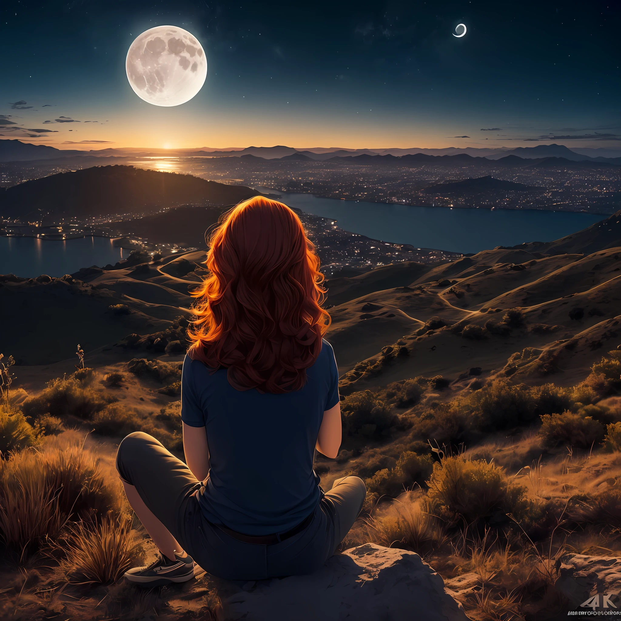(Obra prima, resolução 4k, ultrarrealista, muito detalhado) Bespectacled red-haired woman watching the moon from the top of a hill at night